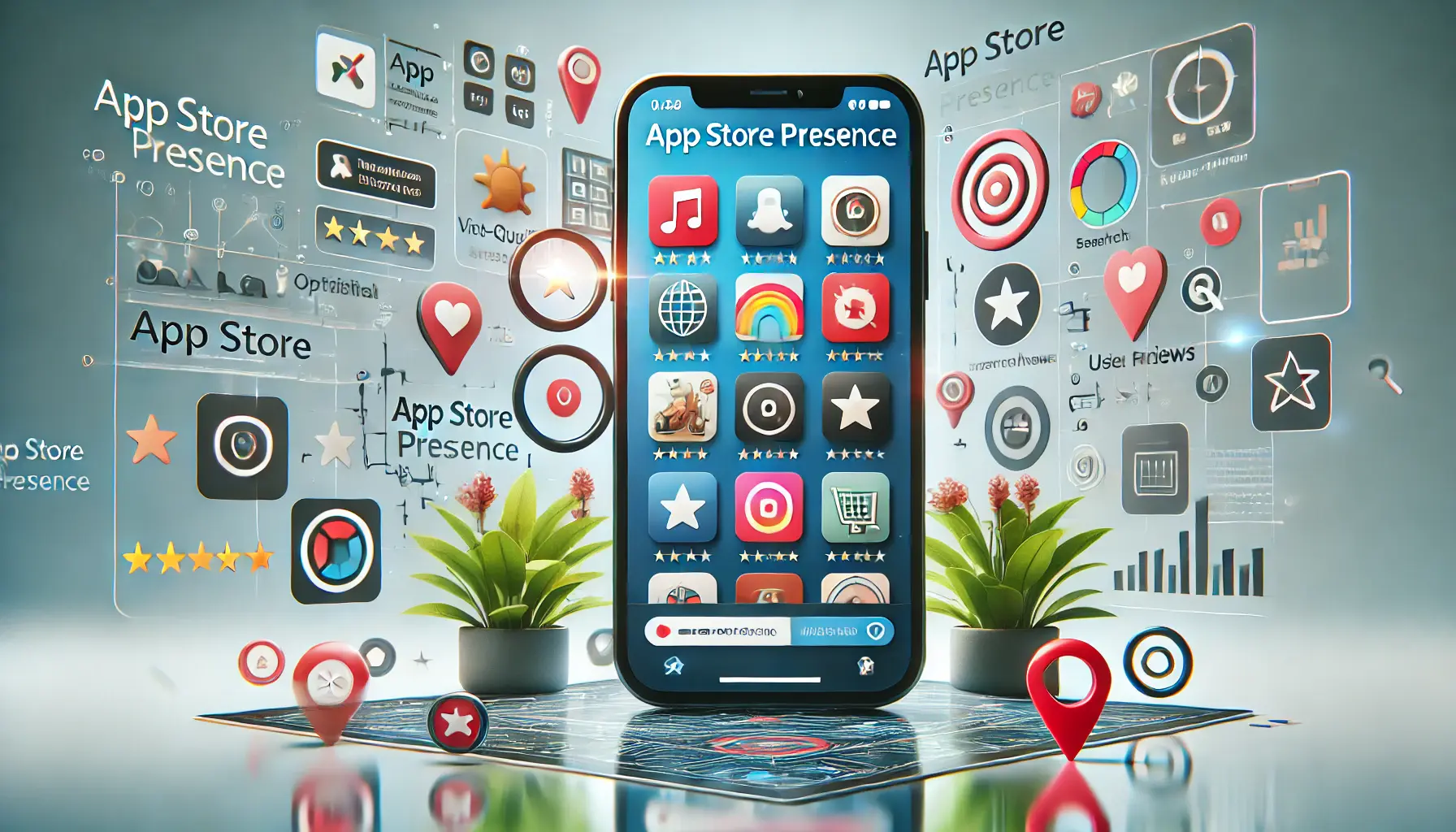 A digital concept showing a smartphone displaying an app store page with high-quality app icons, screenshots, and digital elements like search bars and reviews, symbolizing app store optimization.