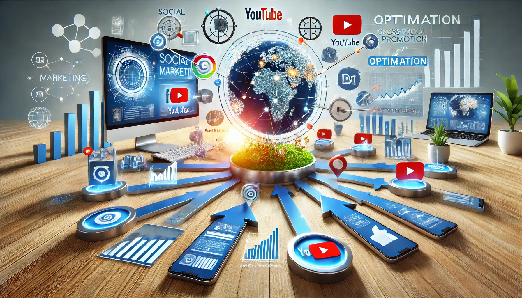 An illustration showing interconnected digital marketing elements like social media platforms, YouTube ads, and email campaigns, reflecting the optimization process.