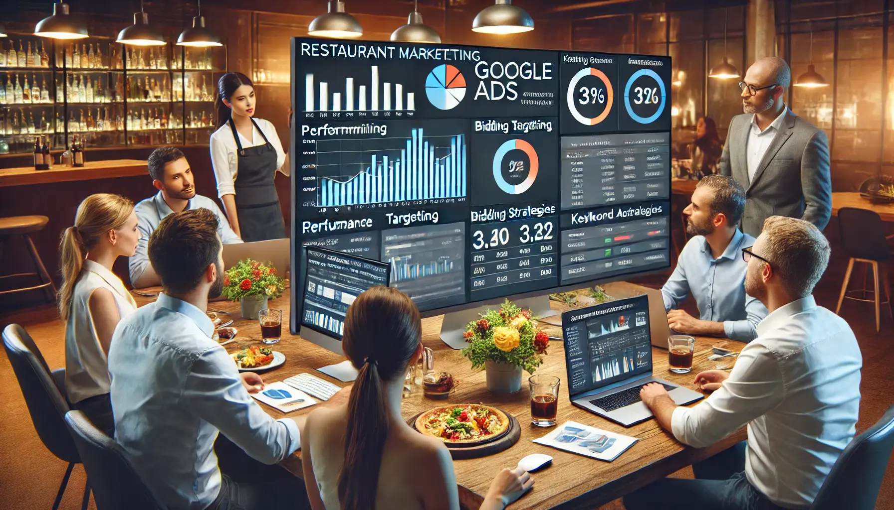 A restaurant marketing team analyzing data and optimizing a Google Ads campaign on a computer screen.