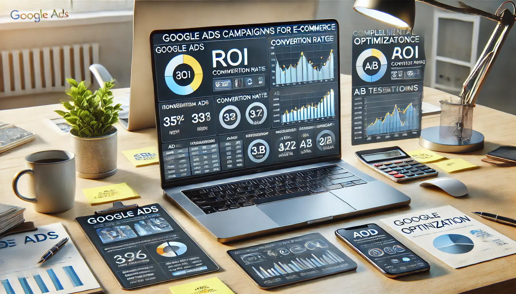 A laptop displaying an advanced Google Ads dashboard with metrics like ROI and performance trends, surrounded by a tablet and smartphone with ad performance metrics in a modern workspace.