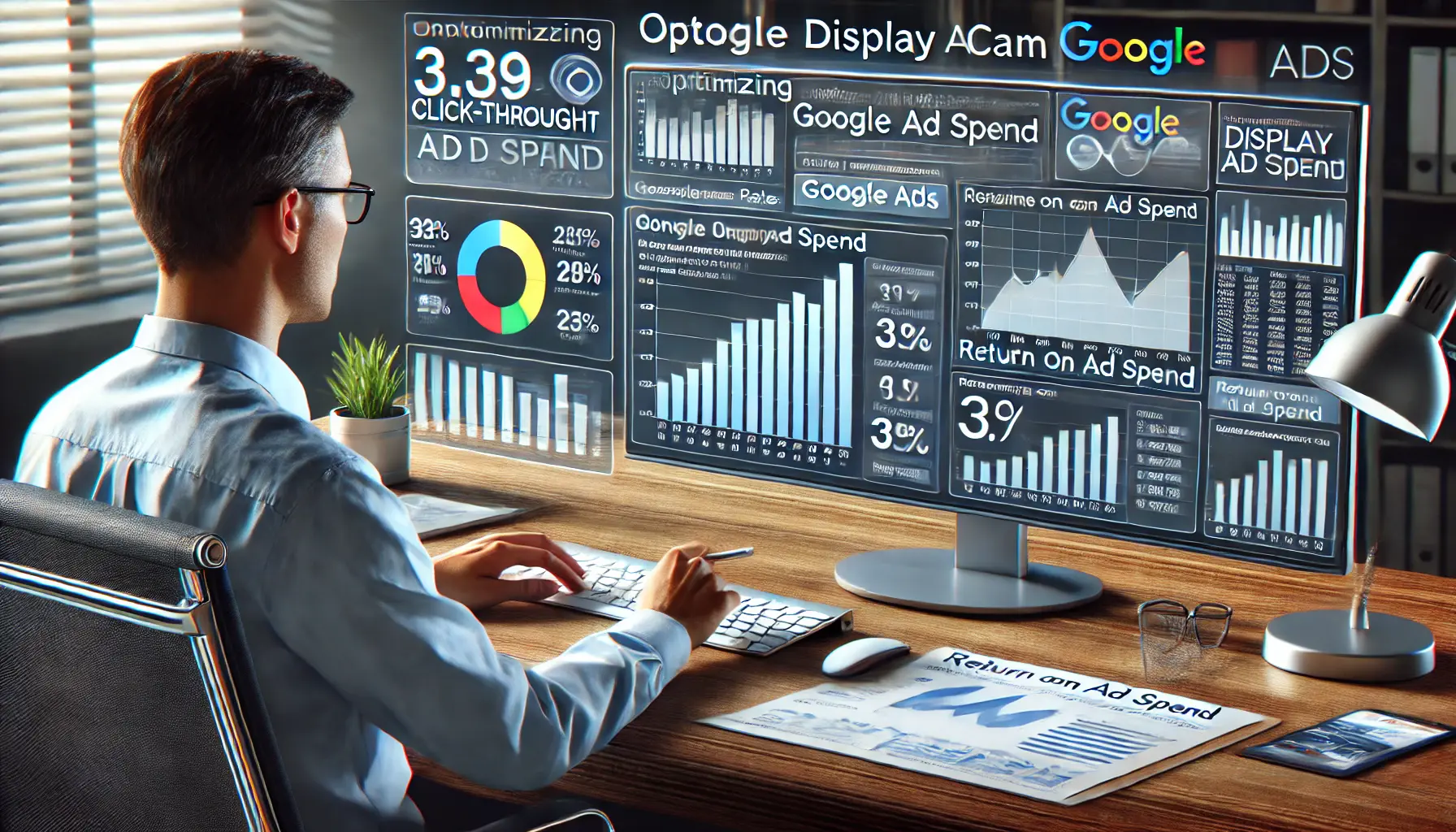 An image of a professional analyzing performance metrics and optimizing a Google Display Ad campaign using data and charts on a computer screen.