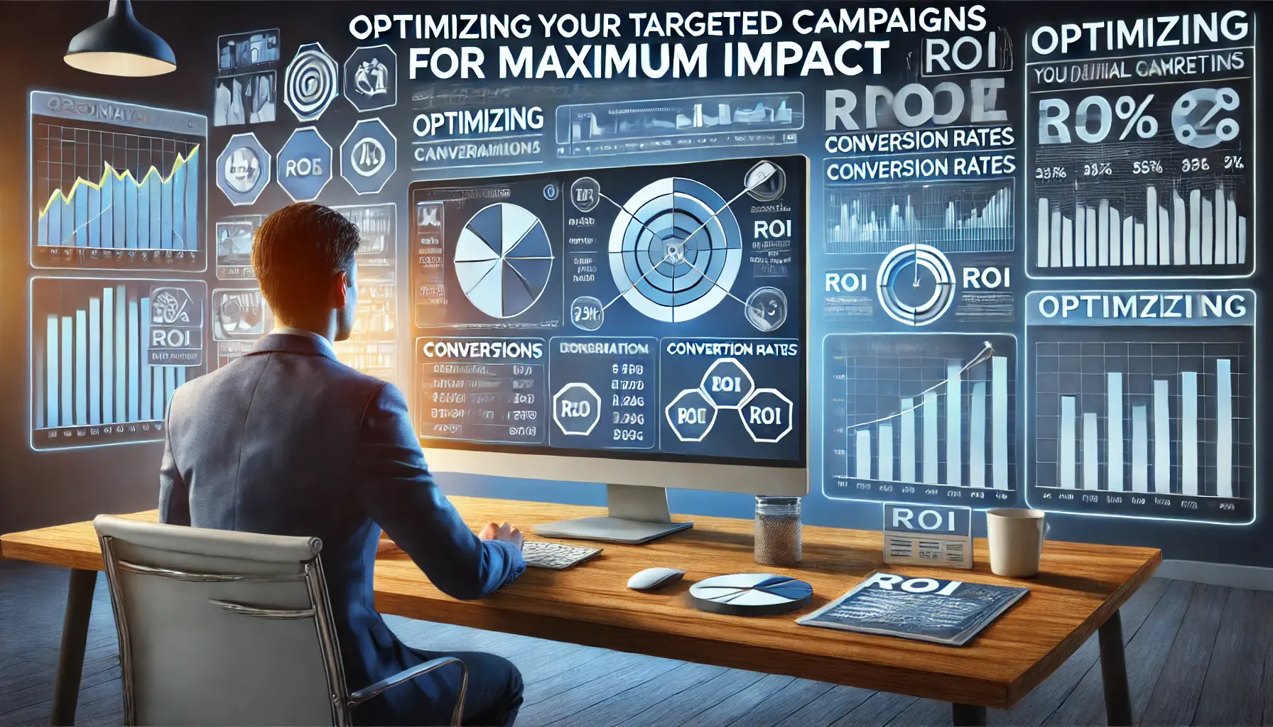 An illustration of a marketer analyzing performance metrics and campaign data to optimize targeted campaigns.