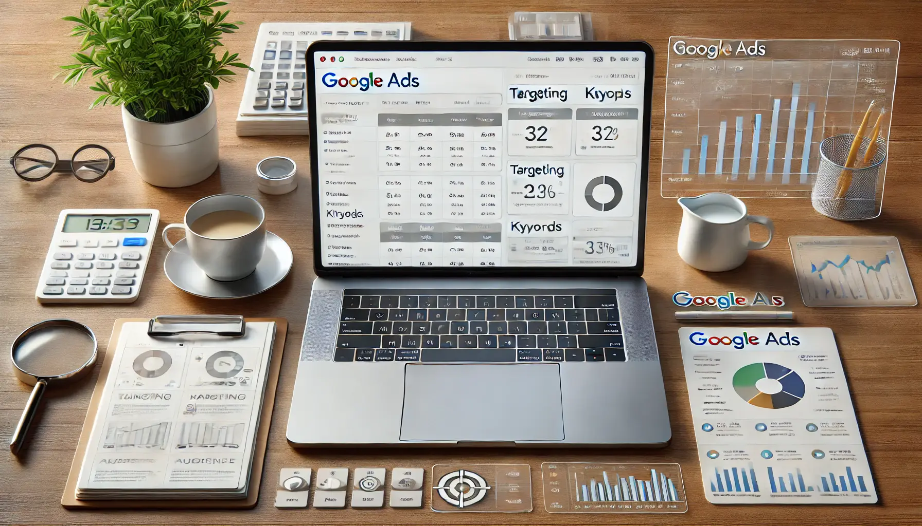 A laptop displaying a clean Google Ads dashboard with organized campaigns and ad groups, surrounded by digital elements symbolizing targeting and keywords.