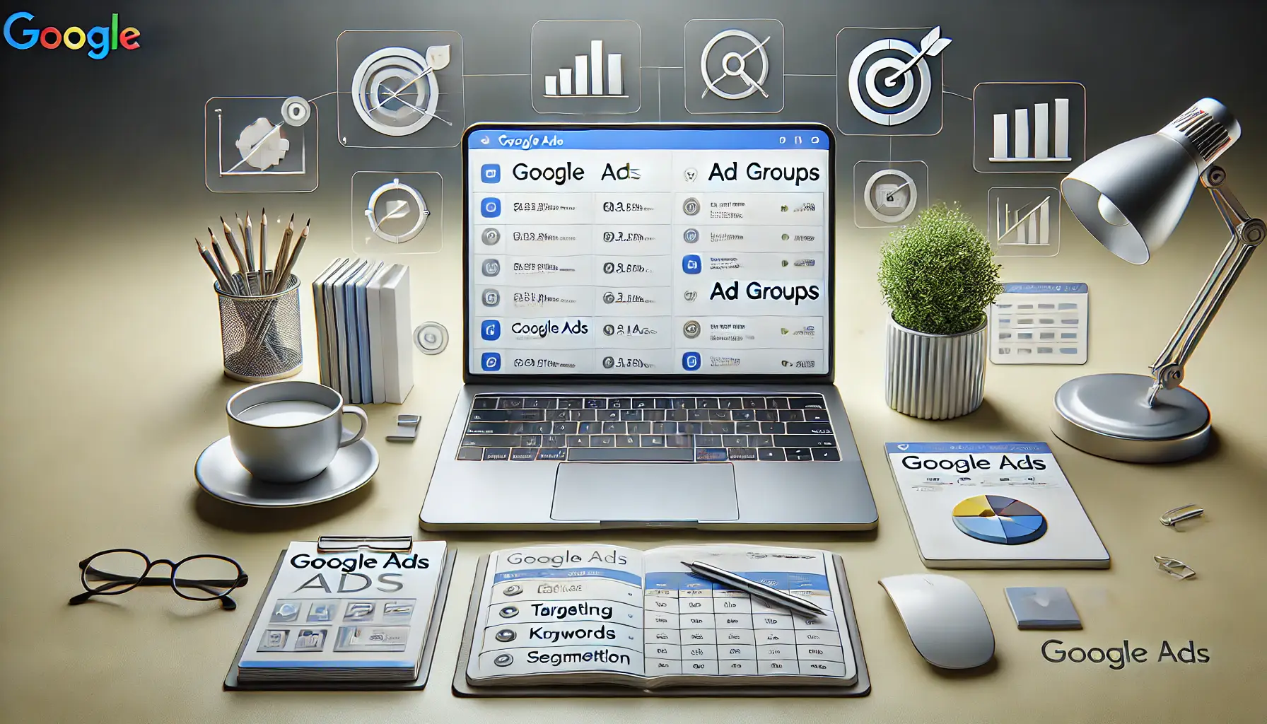 A laptop displaying a Google Ads dashboard with neatly organized campaigns and ad groups, surrounded by digital elements symbolizing targeting and keywords.