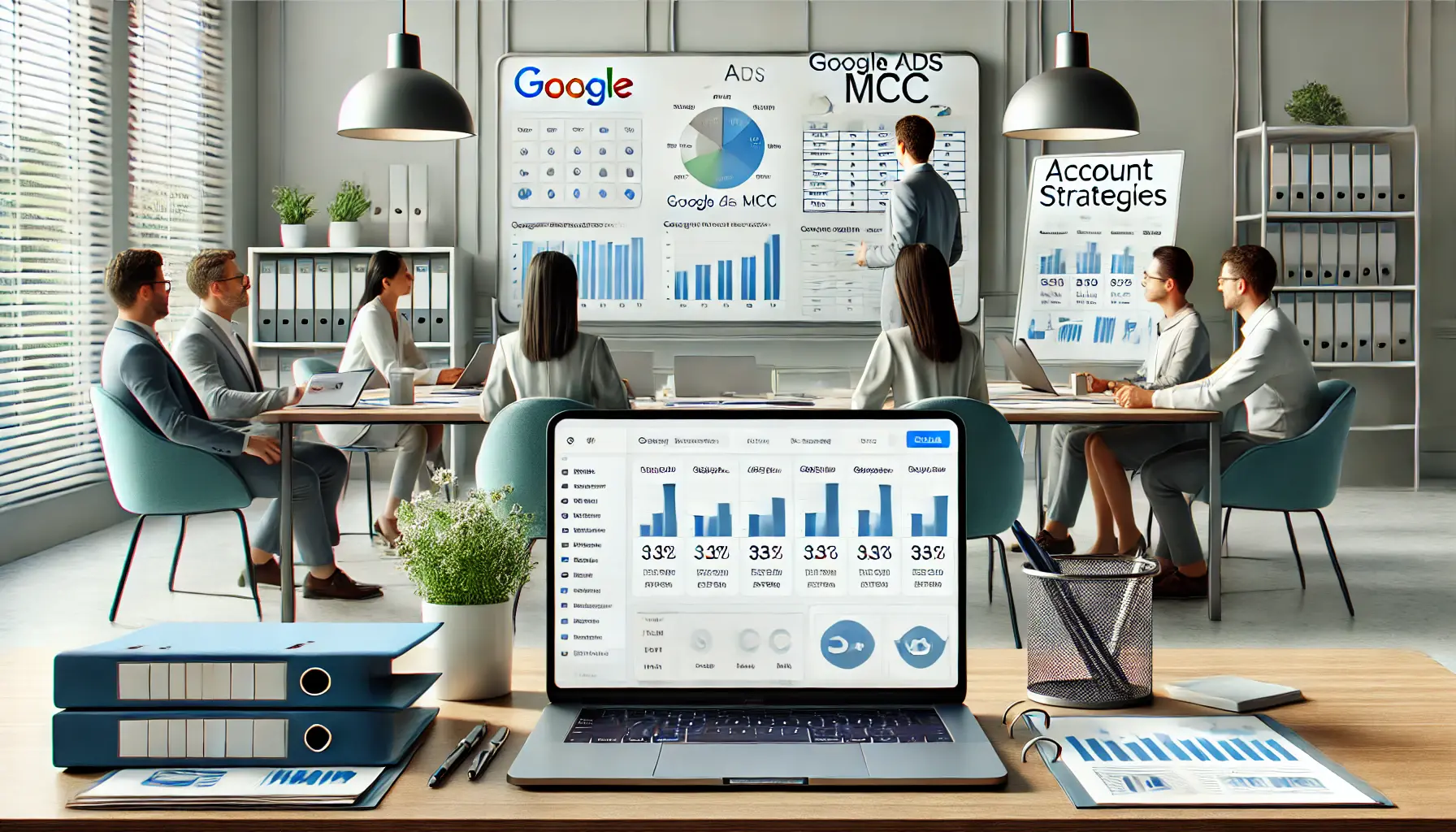 A collaborative workspace with a laptop displaying a categorized MCC dashboard and organized client strategies.