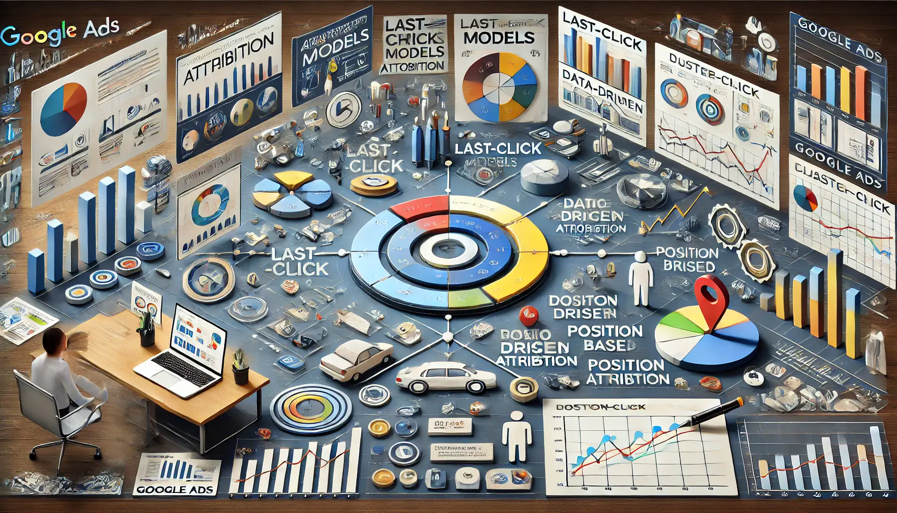 A modern analytics workspace showcasing charts and graphs of various attribution models and customer journey touchpoints.