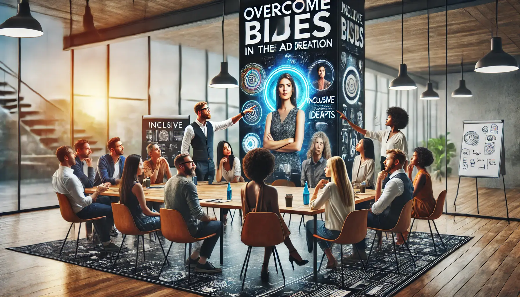 A diverse creative team working together in a modern office to overcome biases in the ad creation process.