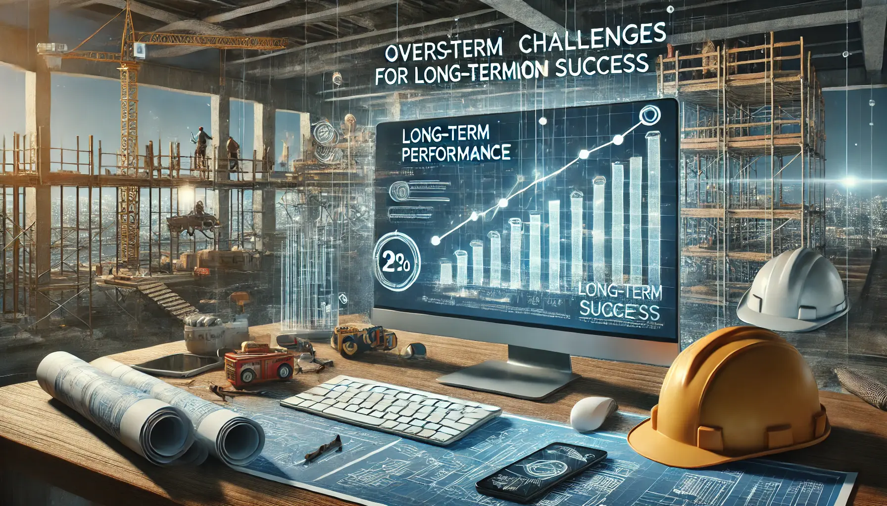 Digital marketer analyzing long-term performance data on a large screen, with construction blueprints, a hard hat, and a smartphone on the desk, and a construction site in the background.