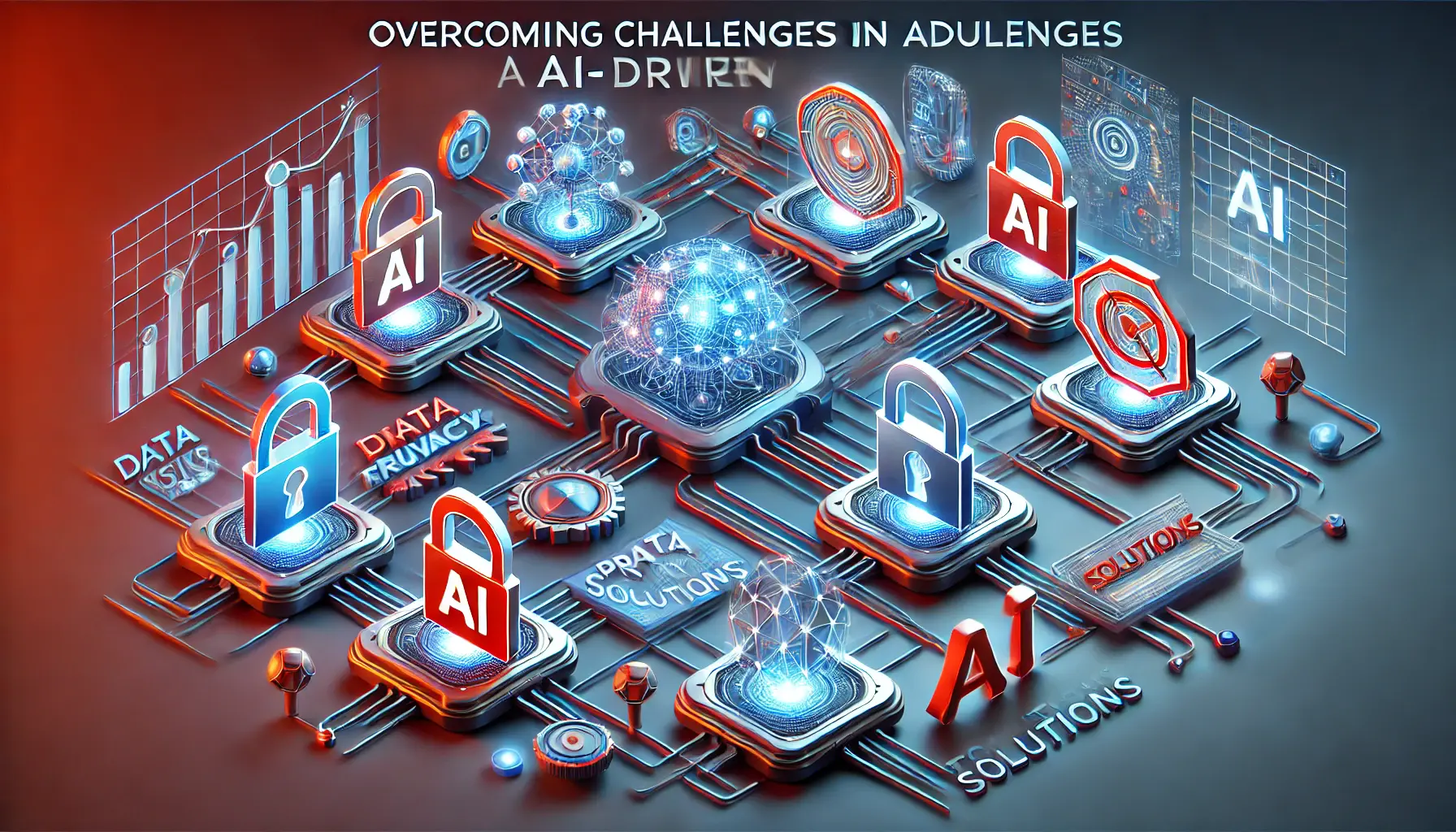 A visual representation of overcoming challenges in AI advertising, including data privacy, algorithmic biases, and technological barriers.