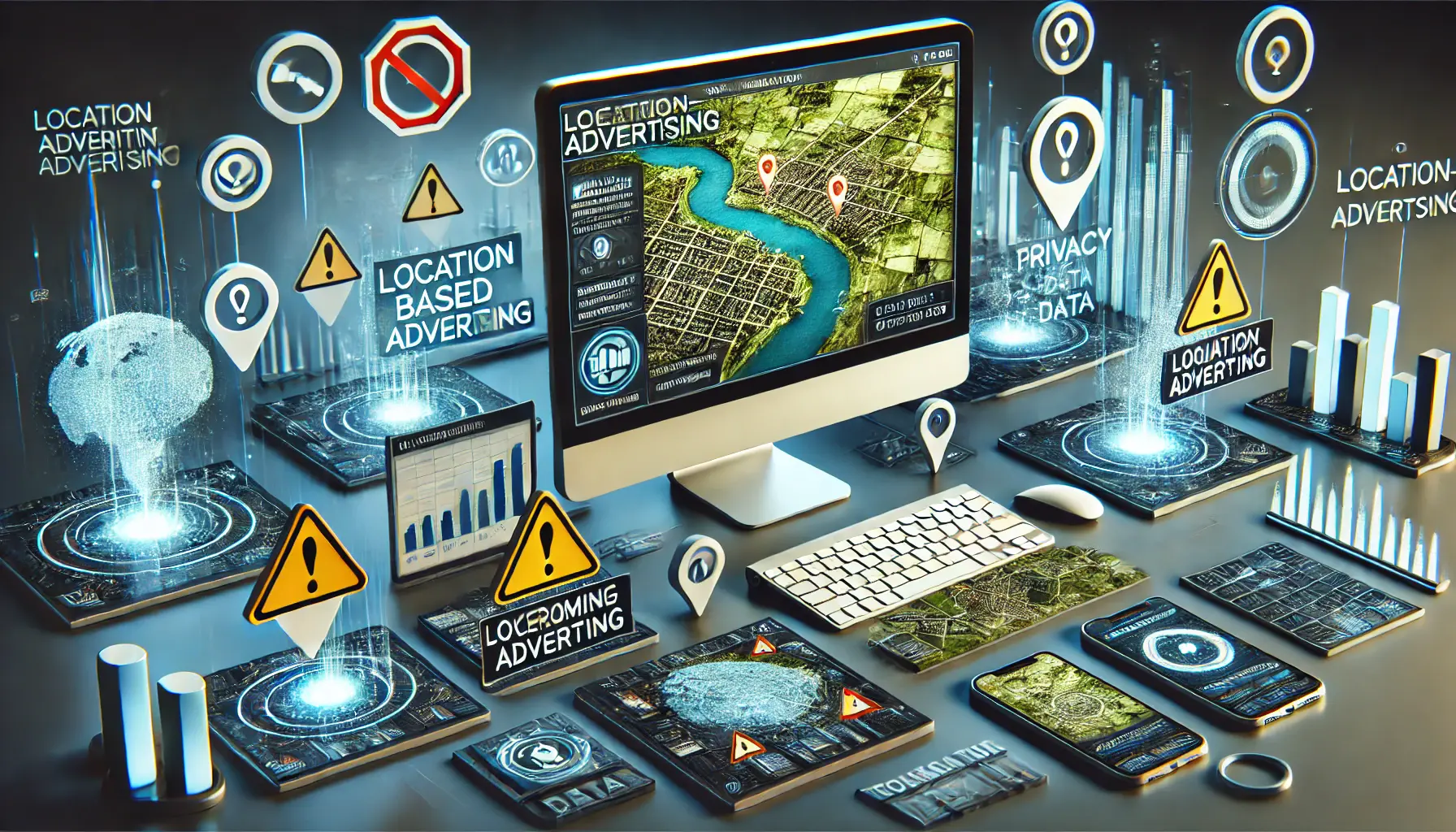 A digital workspace showing a map with warning icons, barriers, and troubleshooting tools representing challenges in location-based advertising.