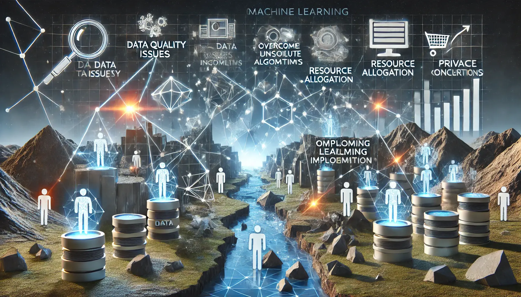 An image illustrating the challenges in machine learning implementation for advertising, with broken data streams and obstacles being resolved by digital devices.