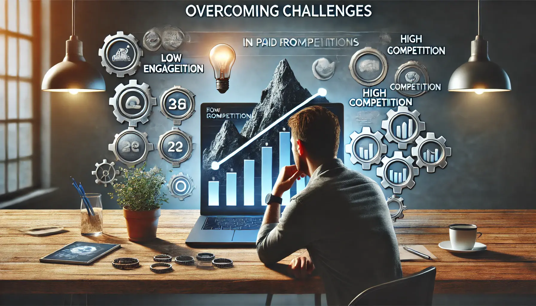 Illustration of a person at a desk looking at a laptop with a performance dashboard showing low engagement and competition indicators, surrounded by symbols like a mountain, gear, and light bulb.