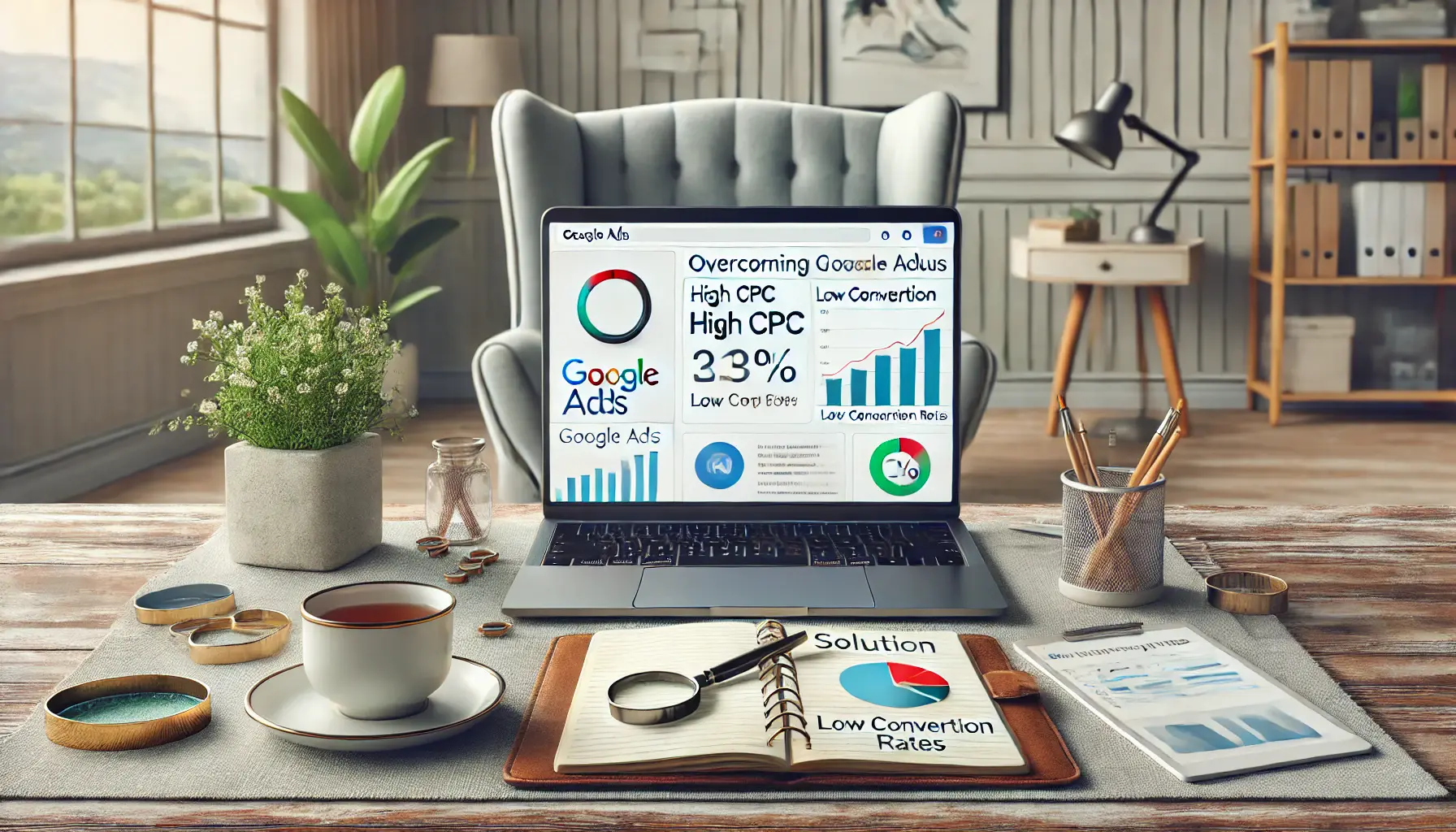 An image showing a laptop with a troubleshooting dashboard for Google Ads issues, surrounded by solution-oriented tools in a therapy office setting.