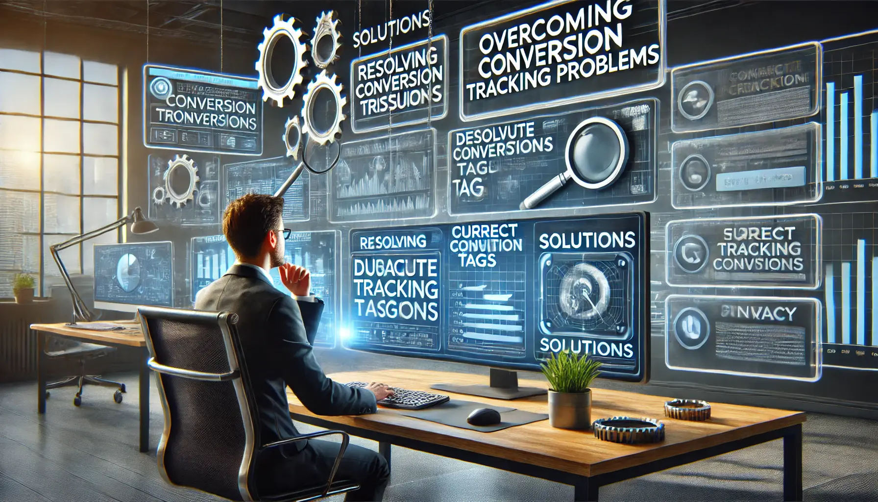 An image showing a digital marketing professional troubleshooting conversion tracking issues with multiple screens displaying solutions for resolving problems.