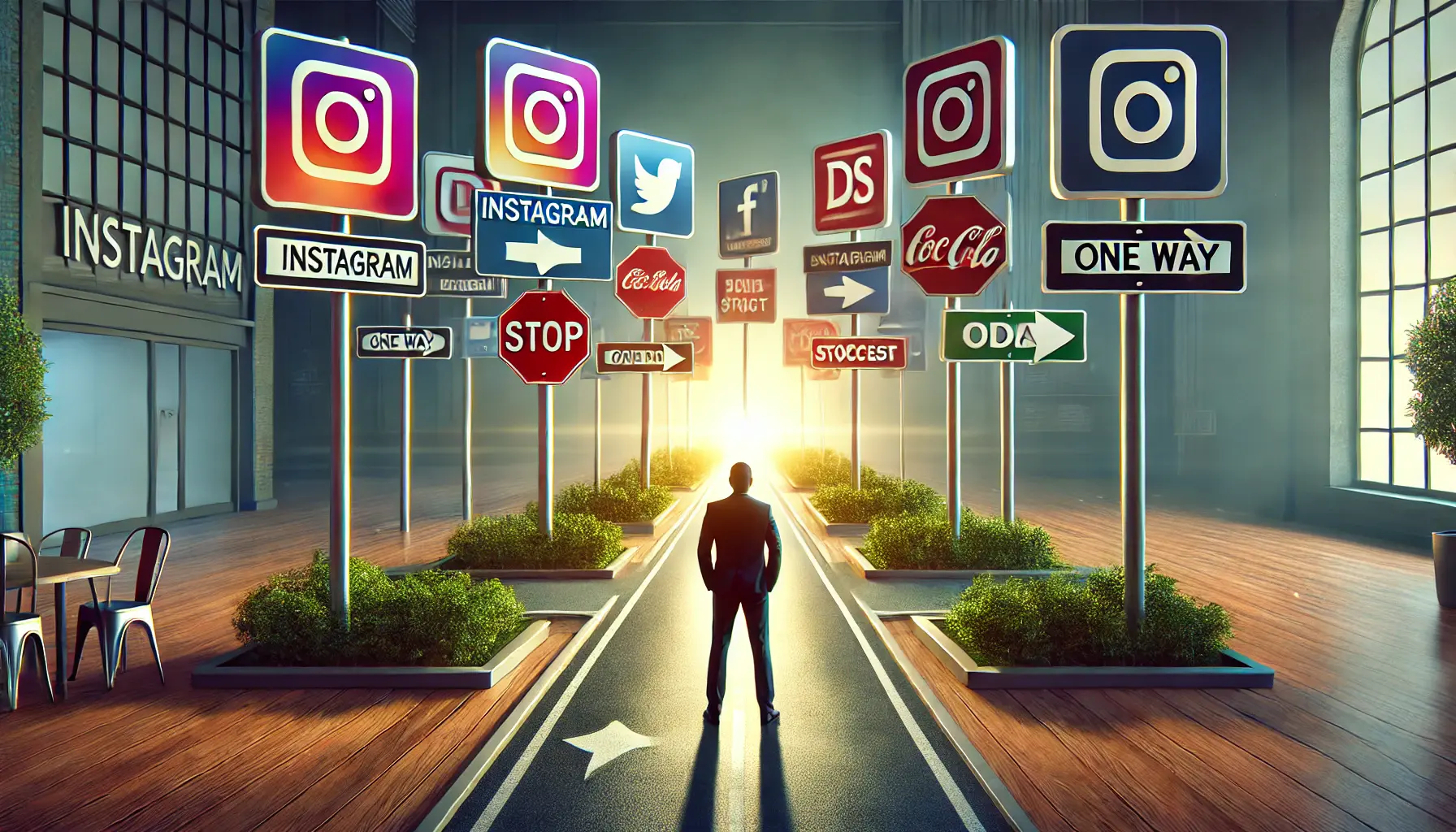 Illustration of a person standing at a crossroads with multiple road signs representing different brands and ads, symbolizing competition and saturation, with a clear path leading to success.