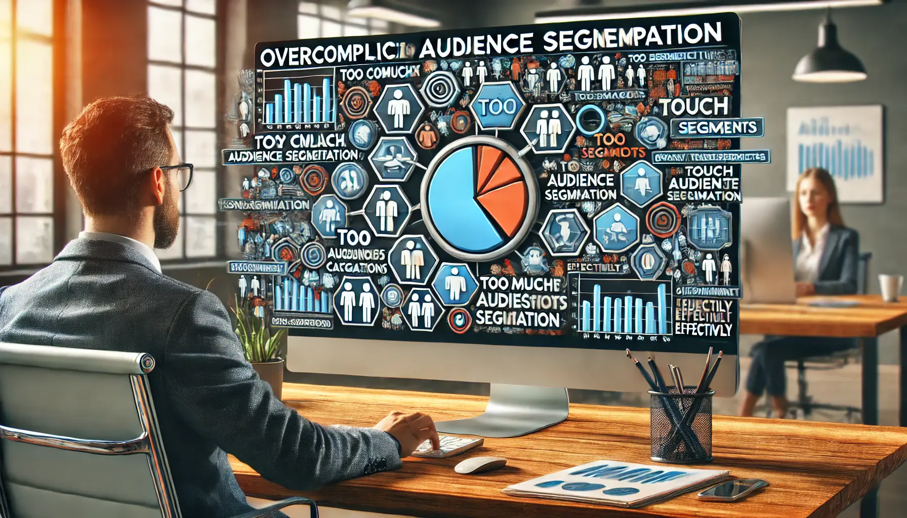 A digital marketer overcomplicating audience segmentation on a computer screen, showing fragmented and overly complex audience categories in a modern office setting.