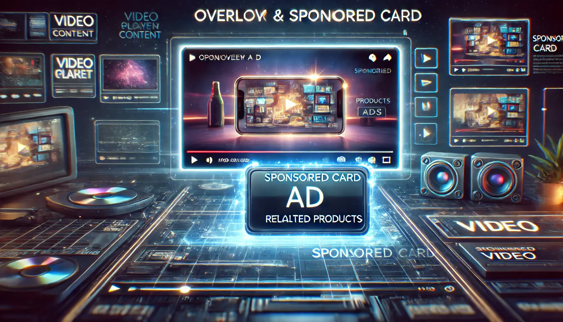 A video player interface with a semi-transparent overlay ad and a sponsored card ad displaying related products within the video.