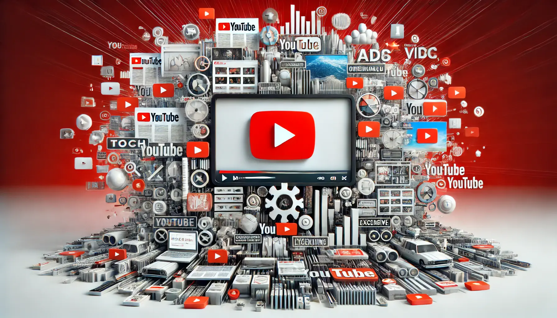 An illustration of a cluttered YouTube ad interface with too many visuals, icons, and text elements, creating a sense of overload.