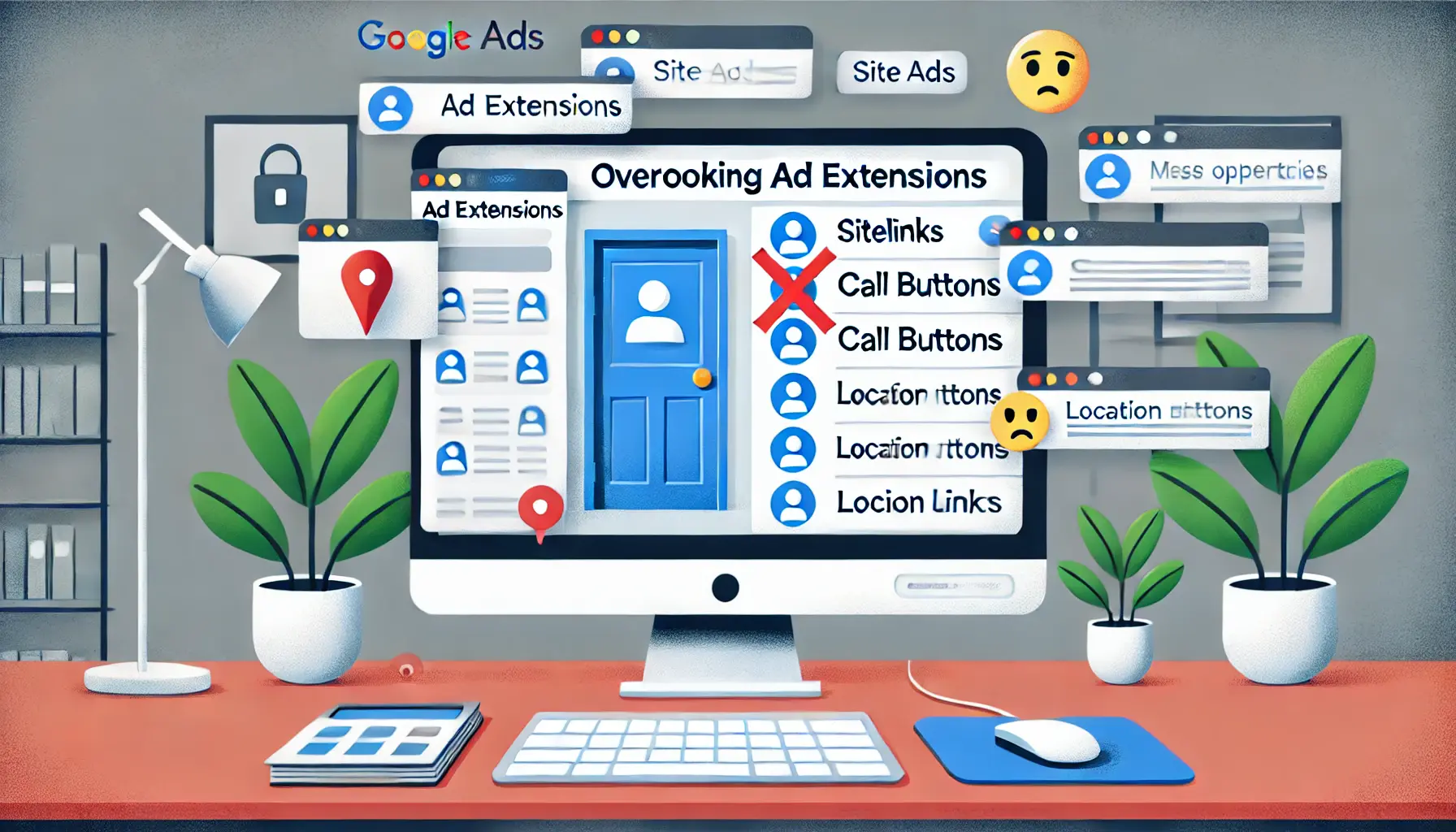 A computer screen displaying a Google Ads campaign with unused ad extensions like sitelinks and call buttons, surrounded by symbols of missed opportunities like an unopened door and a crossed-out extension.