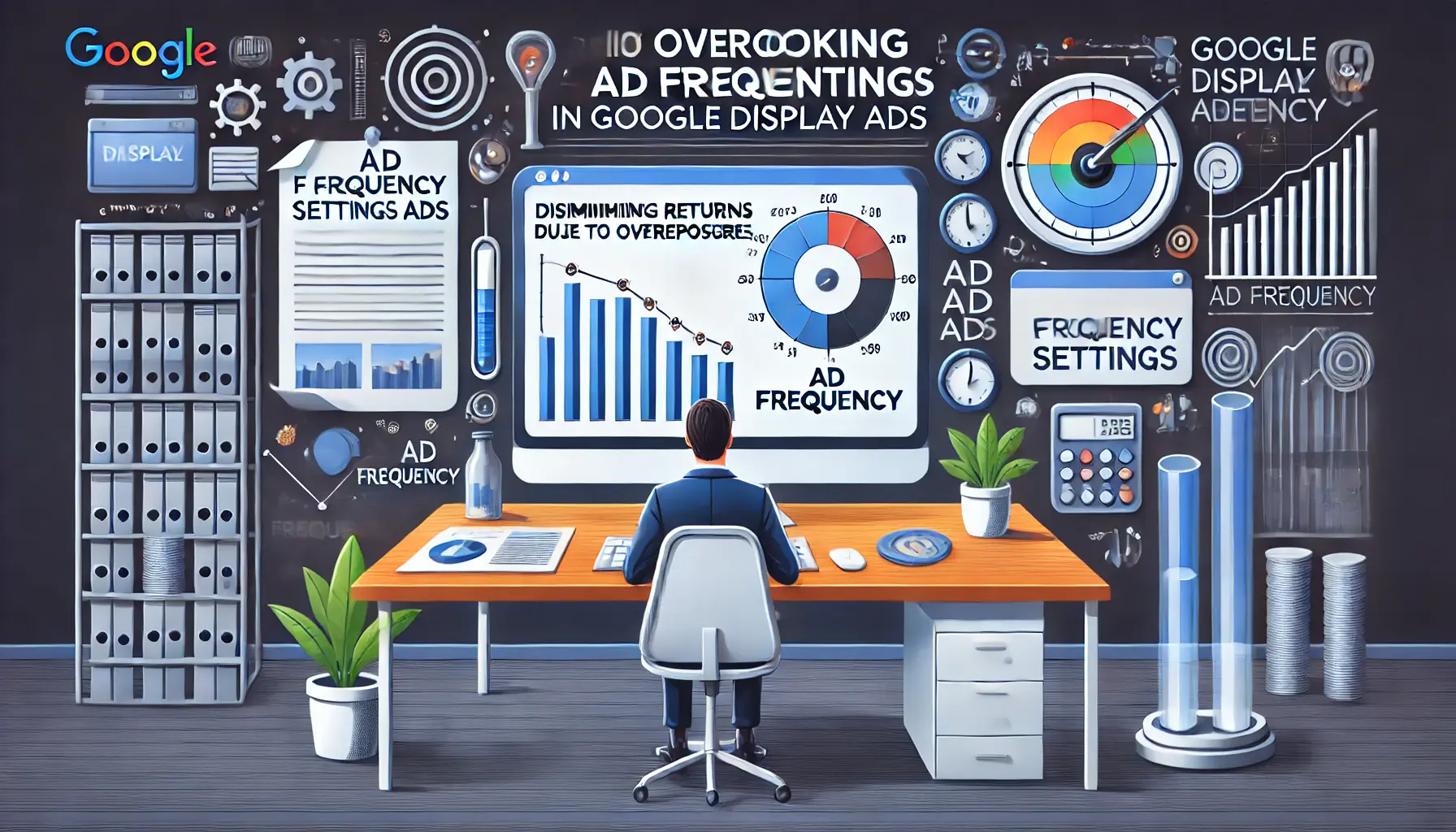 A professional workspace with a computer screen displaying an ad frequency dashboard, highlighting high frequency issues and diminishing returns, surrounded by relevant visual elements.