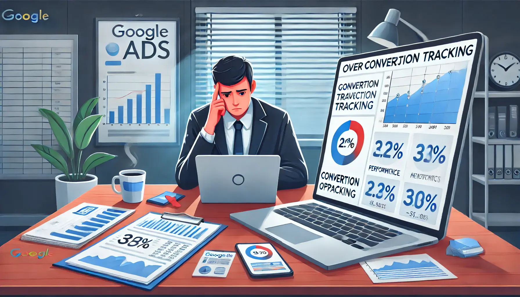 A digital marketing professional analyzing a Google Ads dashboard on a laptop, showing performance data without conversion metrics.