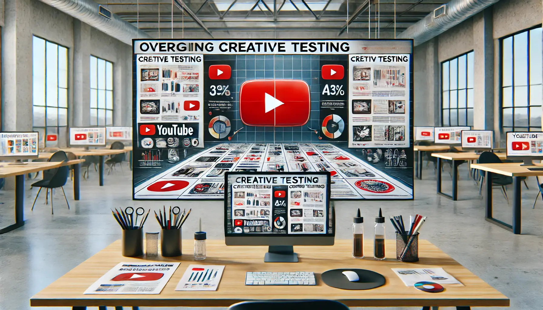 An illustration showing two versions of a YouTube ad being tested side by side, with no clear indication of A/B testing or optimization.