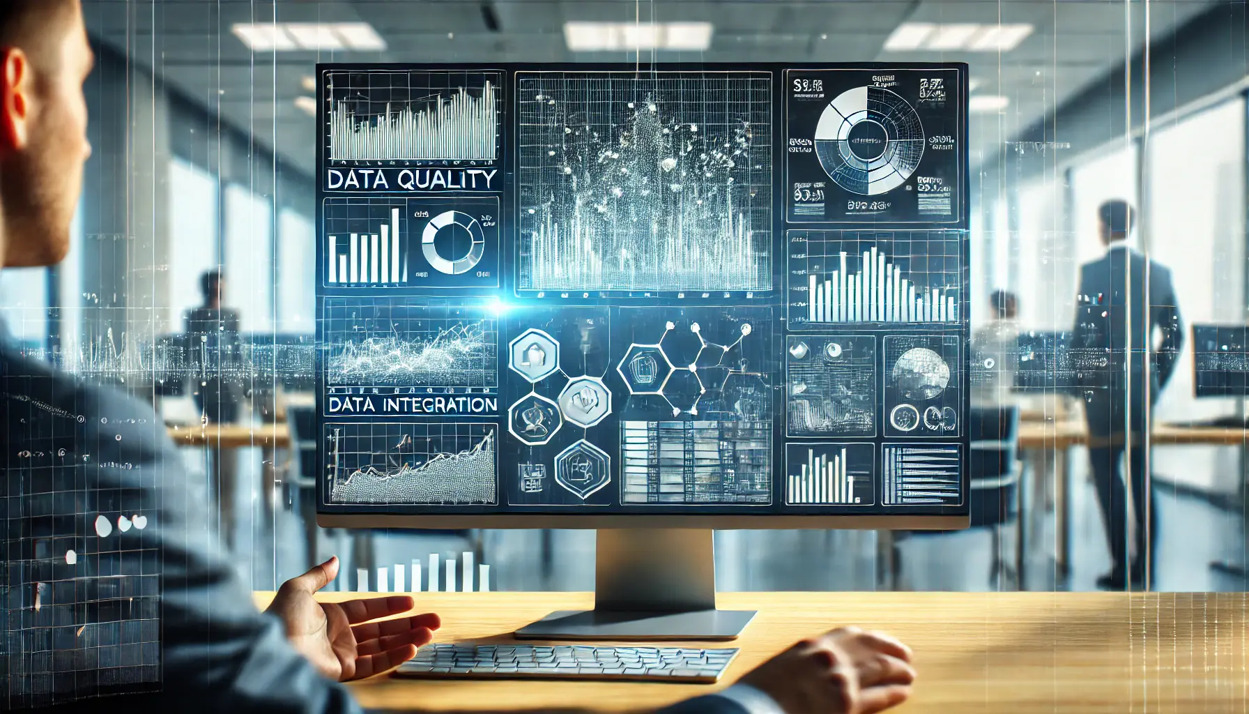 A digital marketer overlooking data quality and integration issues on a computer screen, with broken graphs and mismatched data points in a modern office.