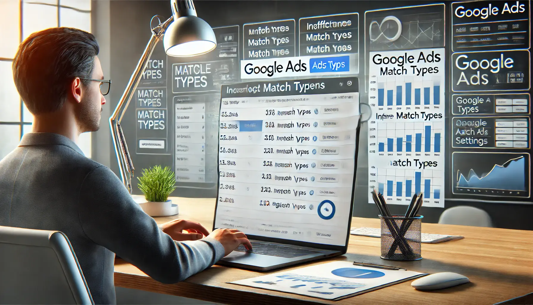 A digital marketing workspace showing a laptop with Google Ads displaying match type settings, with charts and graphs showing inefficient targeting due to incorrect match type selection.