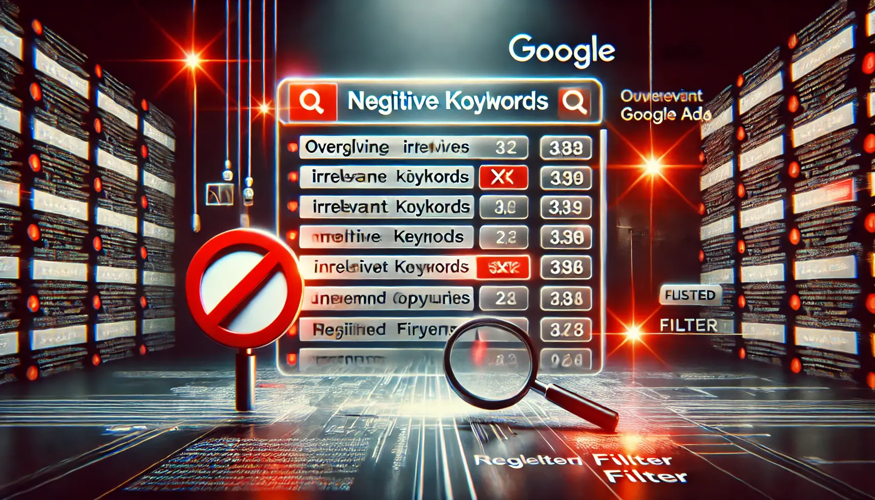 Abstract image showing a digital interface with a list of irrelevant keywords, crossed-out icons, and a neglected filter symbol.