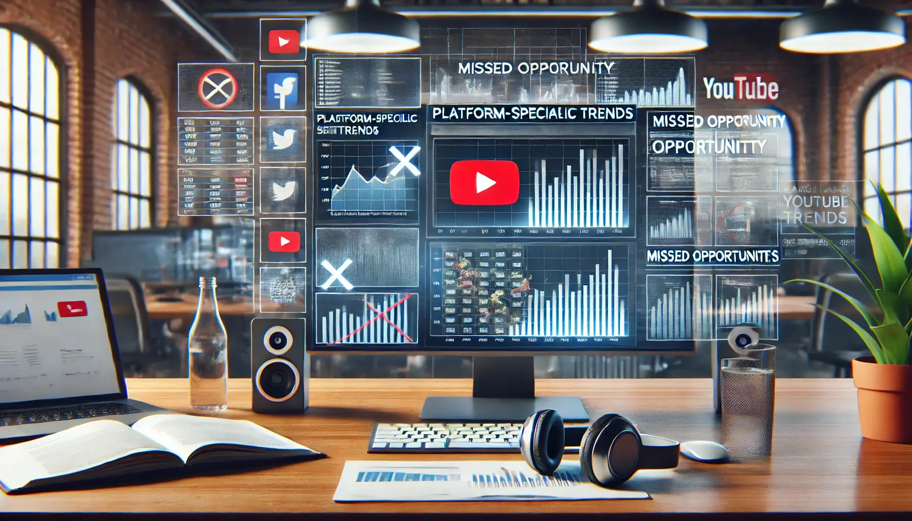 A digital marketing workspace with a computer screen showing platform-specific trends dashboard that is ignored, symbolizing missed opportunities in YouTube ad campaigns.