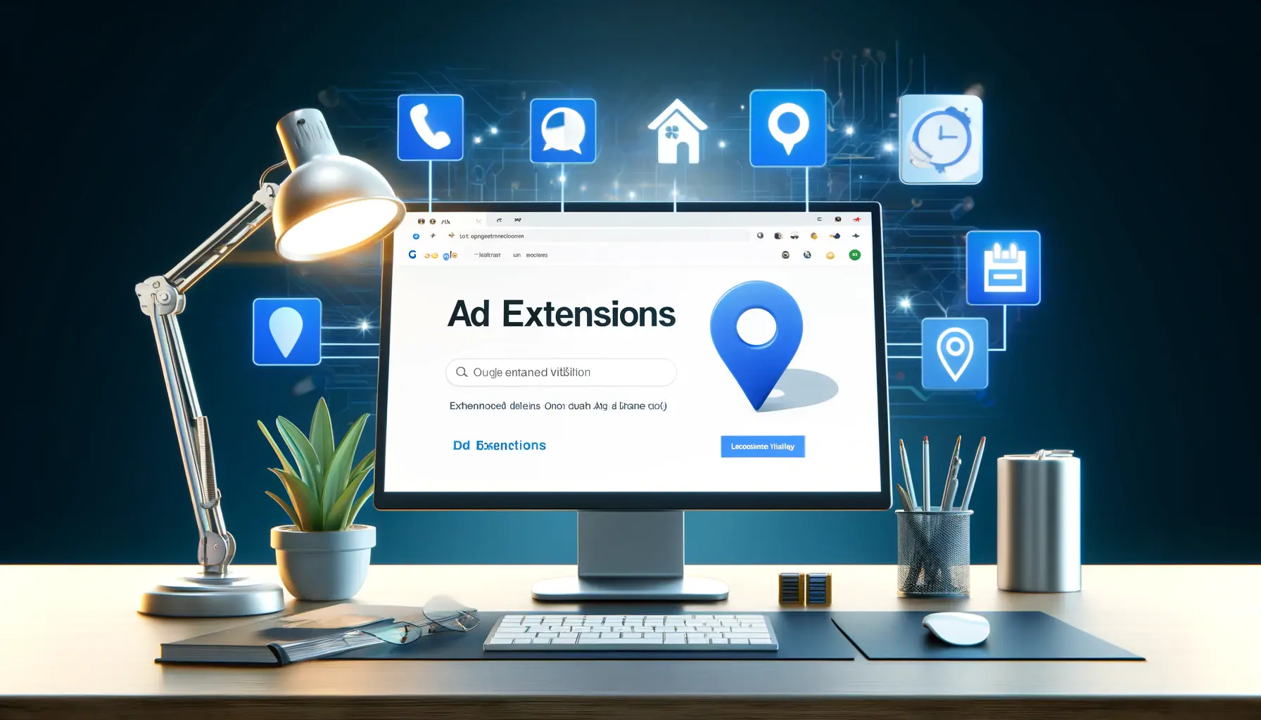 A Google Ads dashboard displaying ad extensions like sitelinks, callouts, and location, with icons for enhanced visibility such as a map pin and phone.