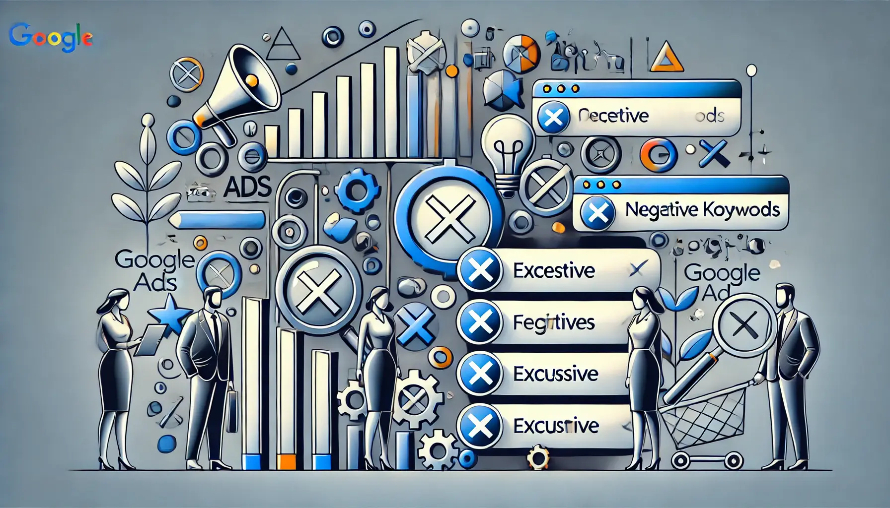 Abstract representation of overusing negative keywords, featuring overloaded keyword lists and excessive exclusions.