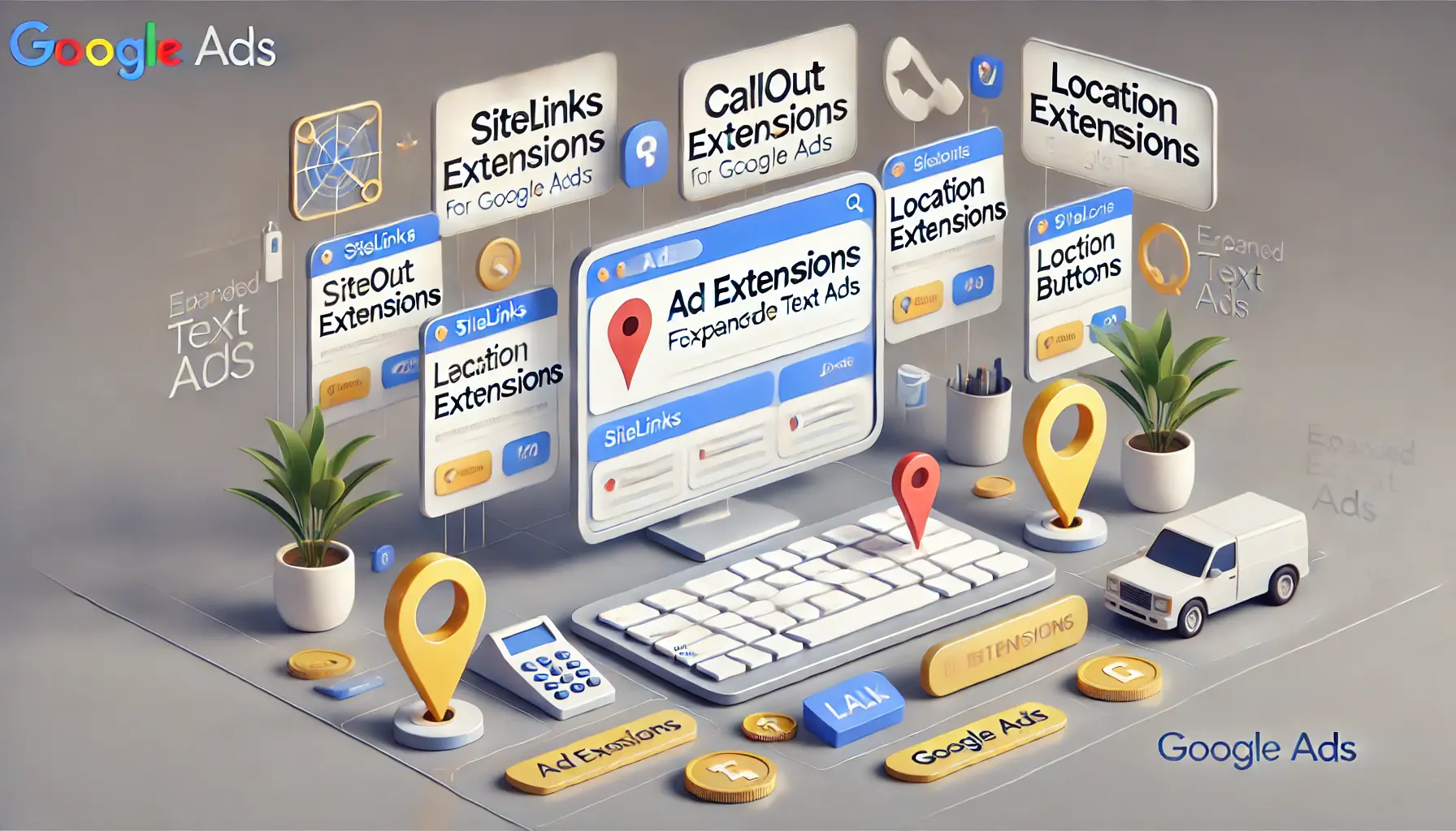 A dashboard displaying various ad extension options like sitelinks, callout extensions, and location extensions, with relevant icons.