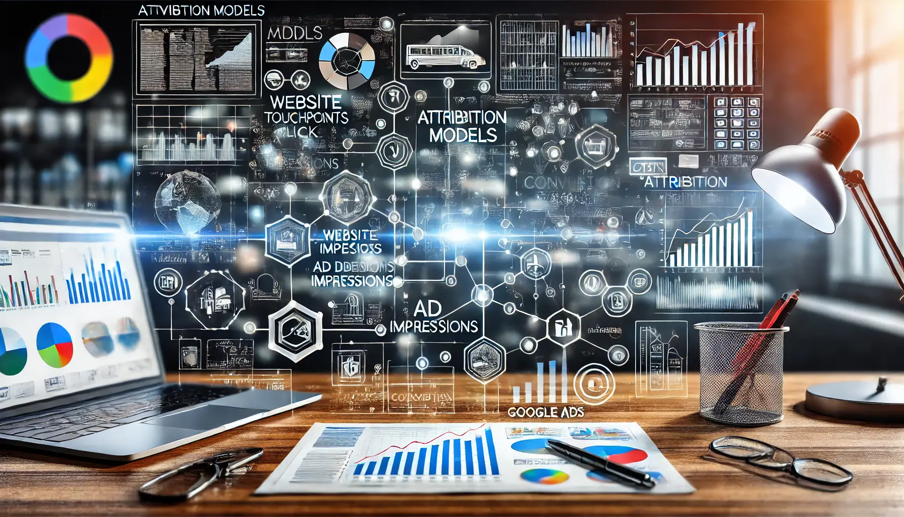 A visual representation of digital touchpoints and user interactions connected by a flow chart in a modern analytics setting.