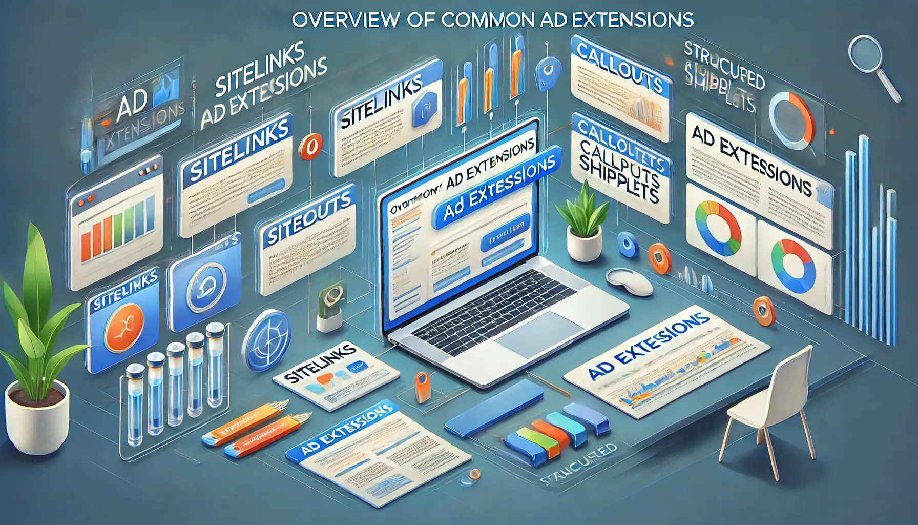 A digital marketing dashboard with icons for sitelinks, callouts, and structured snippets, showcasing analytics and ad performance.