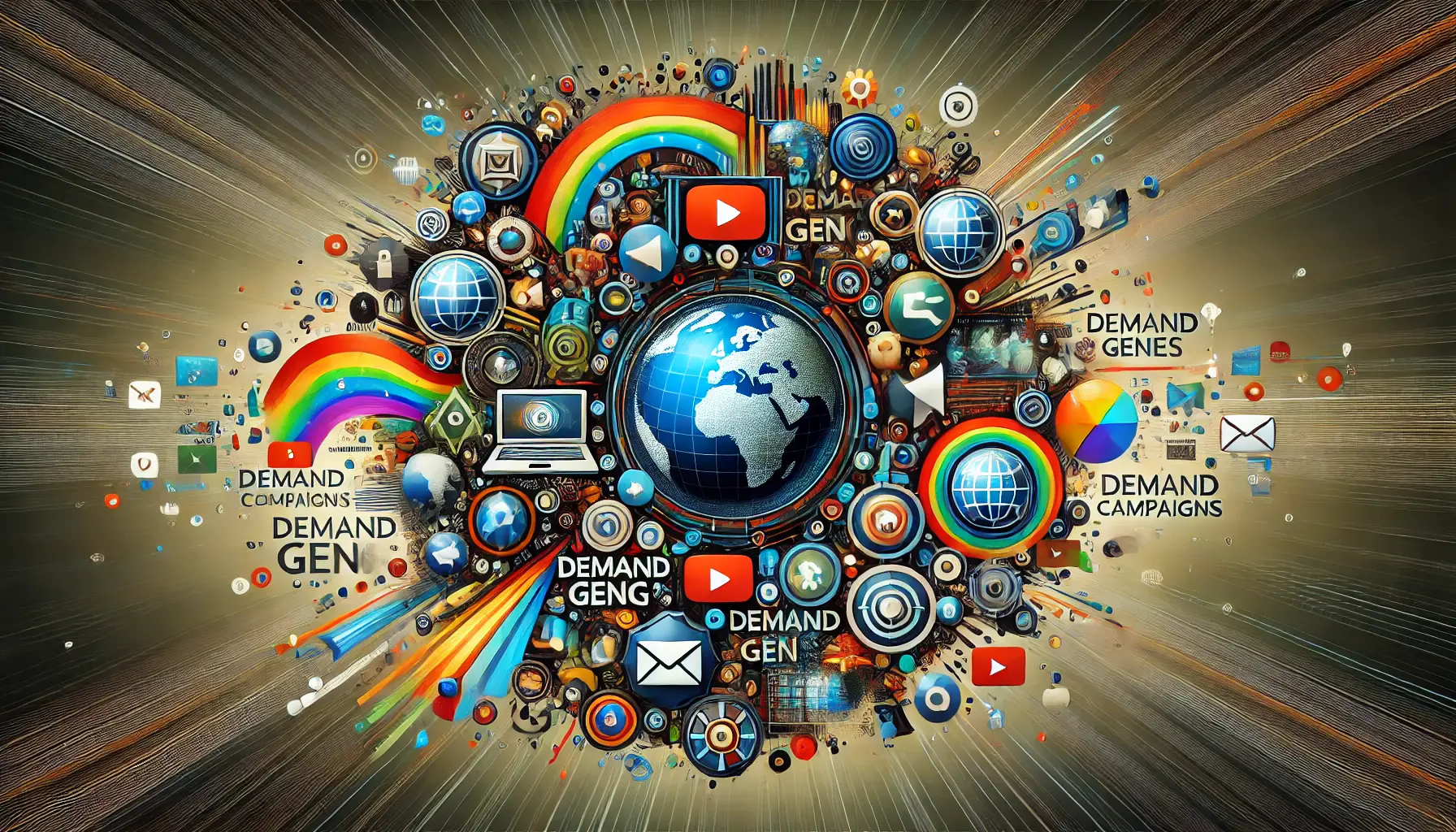 Abstract depiction of cross-platform digital advertising with diverse ad formats and global audience reach.