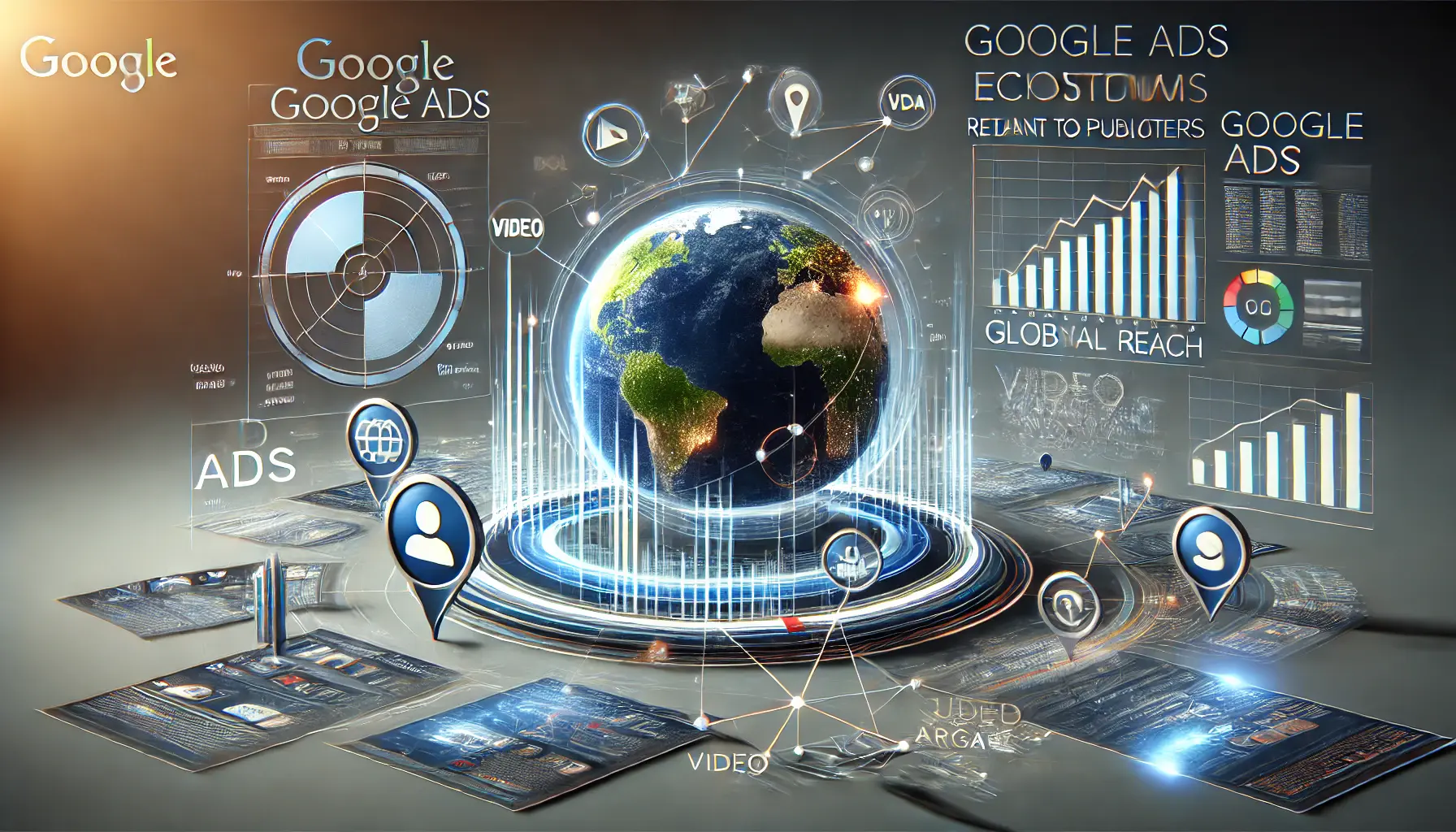 A visual representation of the Google Ads ecosystem showing ad performance metrics, global reach, and various ad formats.