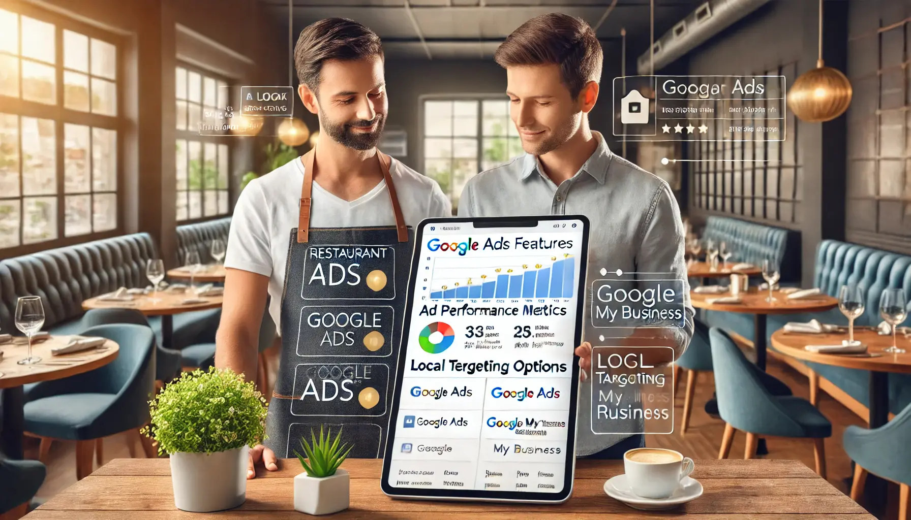A restaurant owner reviewing Google Ads interface on a tablet, with campaign data and metrics displayed on the screen.