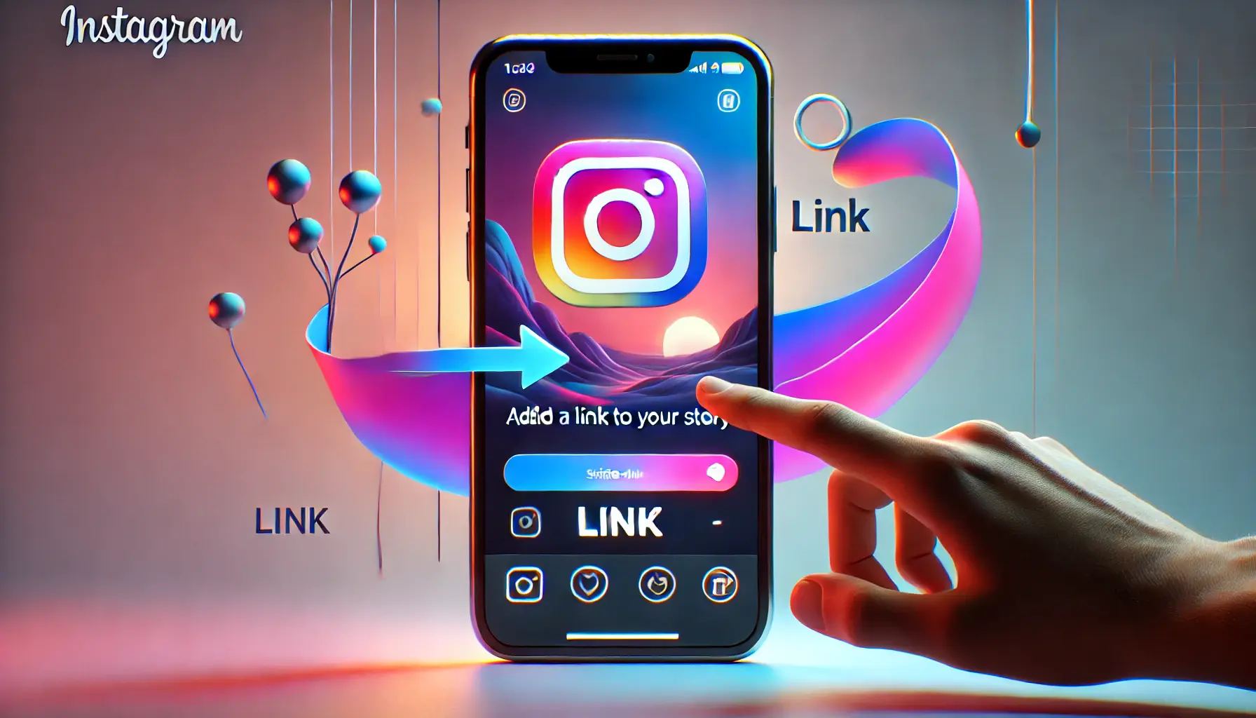 An Instagram interface demonstrating the use of the 'Link' sticker feature, showcasing user interaction with vibrant gradients.