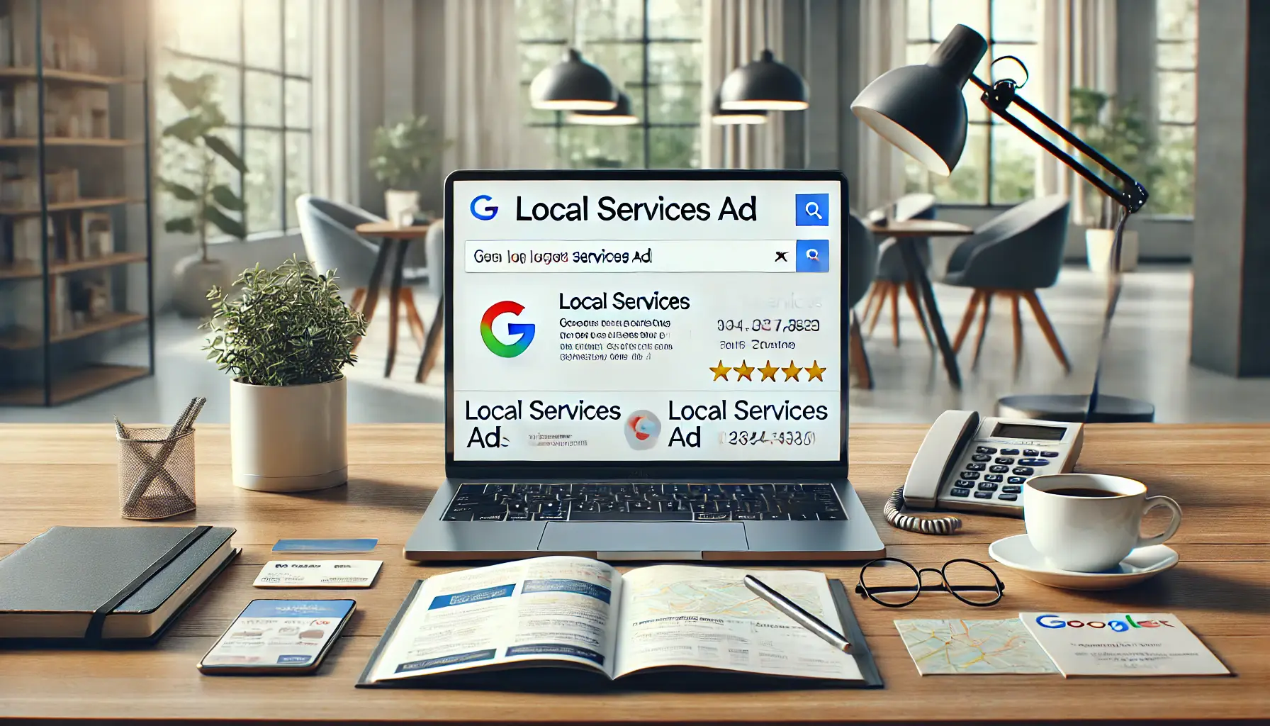 A professional workspace with a laptop displaying a Google search results page showing a local services ad, with surrounding elements like a phone, business card, and map.