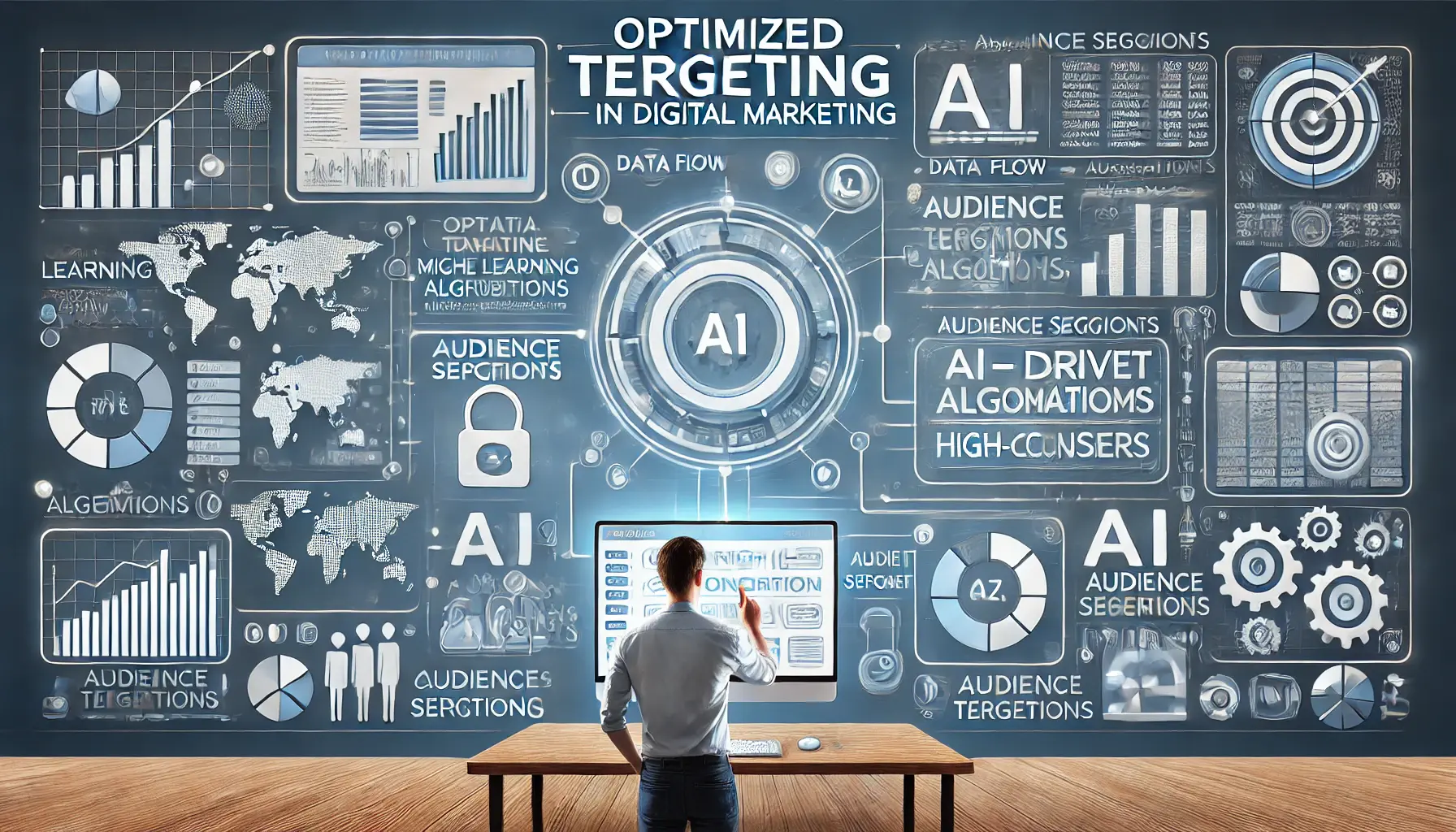 An image illustrating an overview of optimized targeting in digital marketing, with a digital marketer analyzing data and using machine learning algorithms to identify high-conversion users.