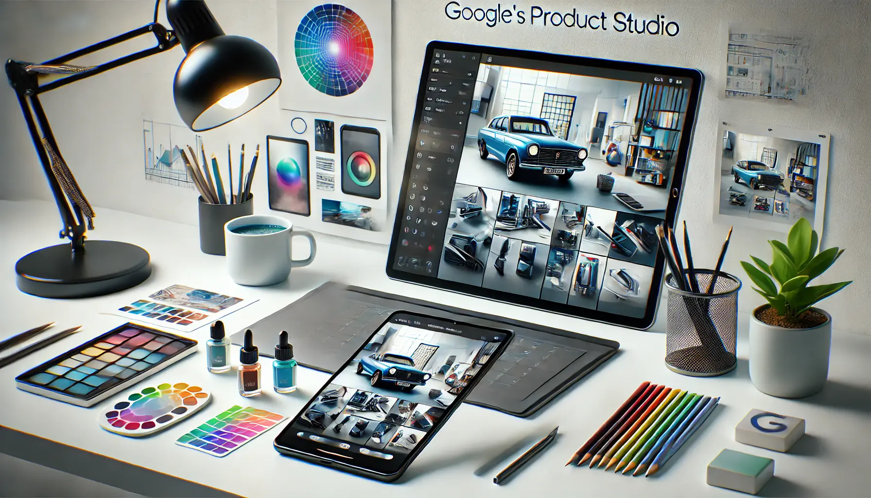 A tablet and smartphone displaying product visuals being edited with AI-powered tools, surrounded by design elements and creative tools.