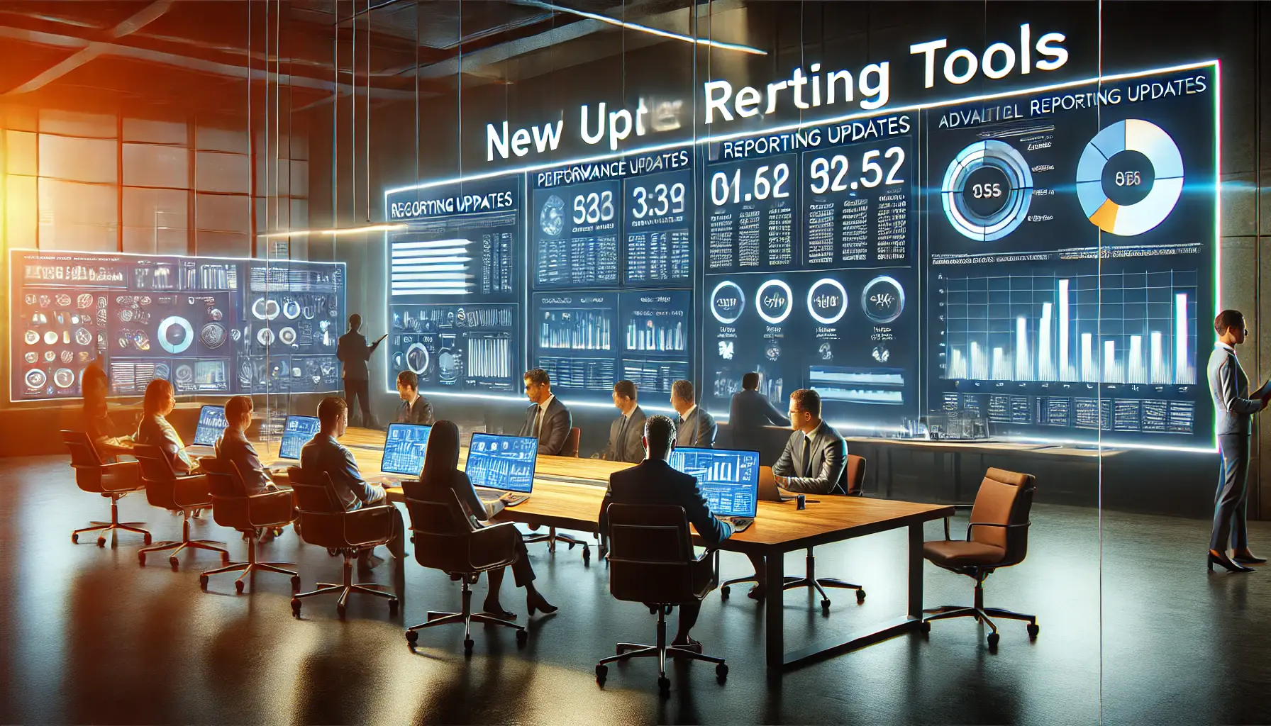 A team of professionals reviewing advanced reporting tools and performance metrics in a modern office setting.