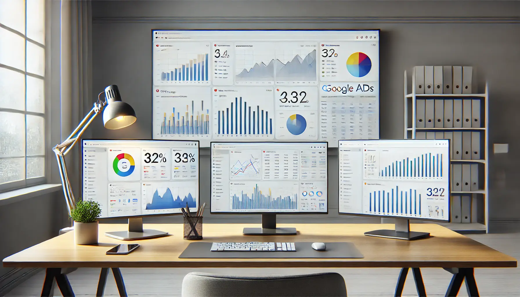 Workspace with multiple monitors displaying Google Ads dashboards, focusing on analytics and reporting columns.