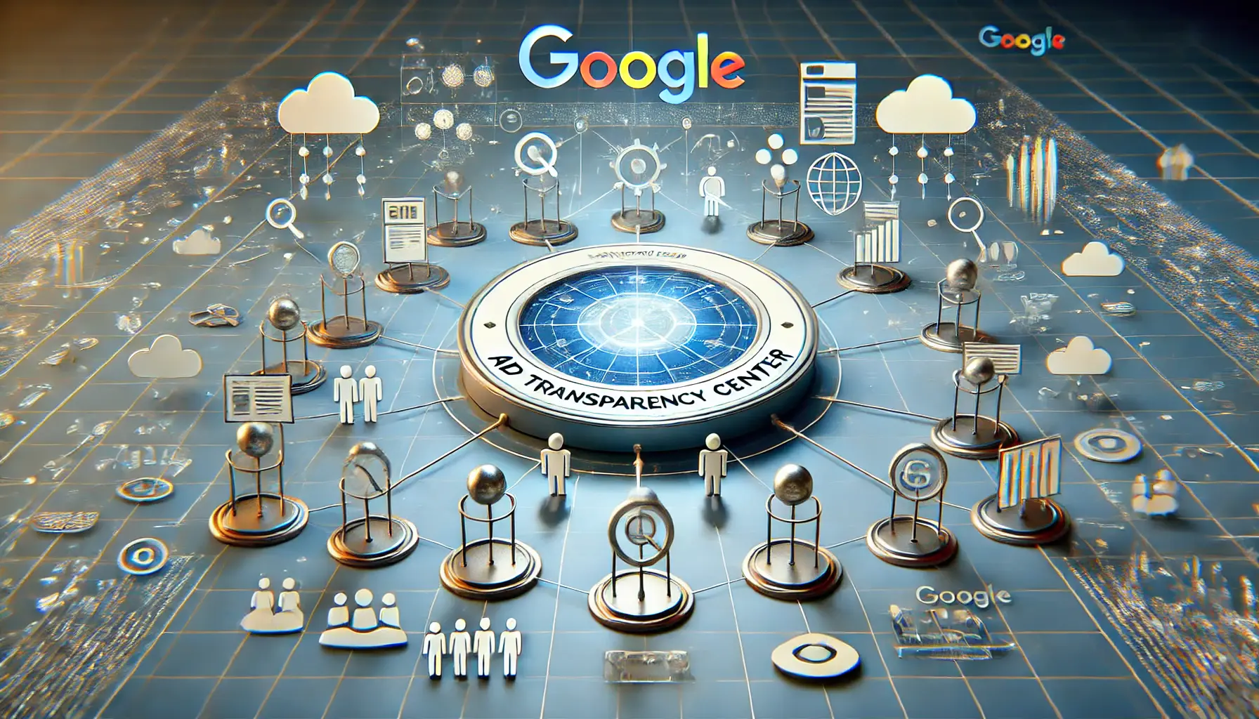 A conceptual visualization of Google's Ad Transparency Center as a hub of interconnected nodes representing transparency and data sharing.