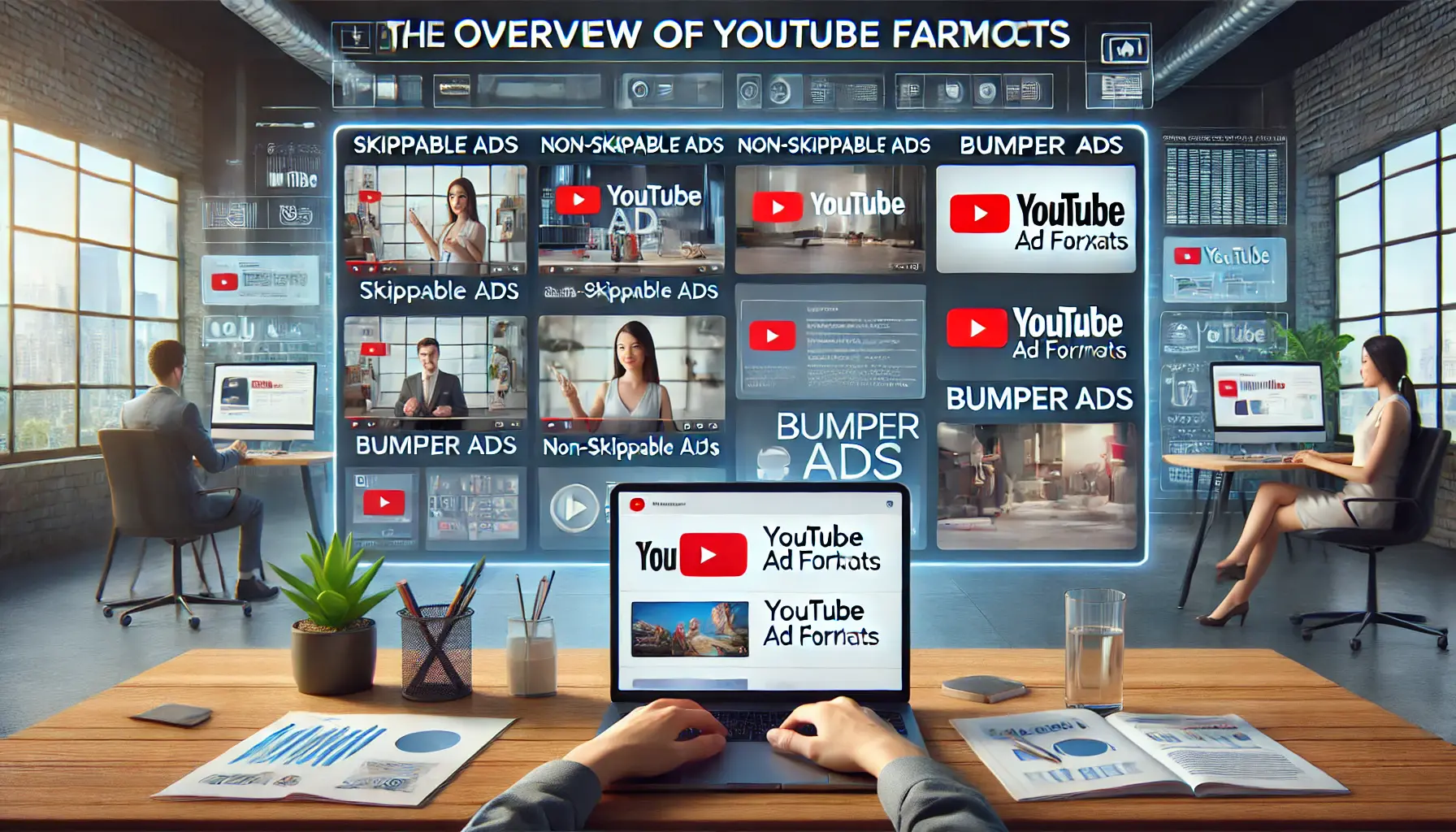 A digital marketing professional reviewing various YouTube ad formats like skippable, non-skippable, and bumper ads on a laptop screen.