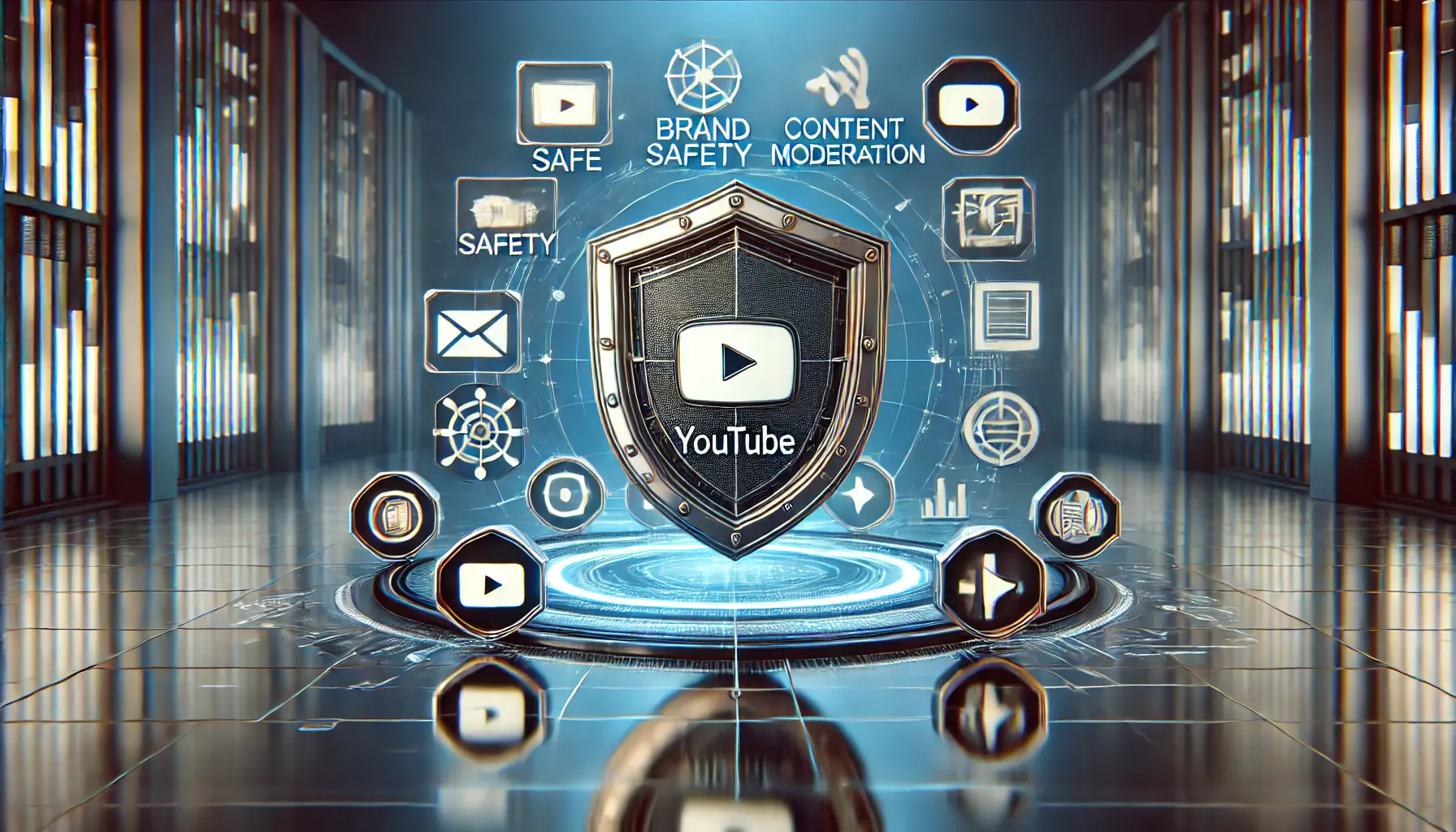 A symbolic representation of YouTube brand safety, featuring shield icons and a digital moderation theme.