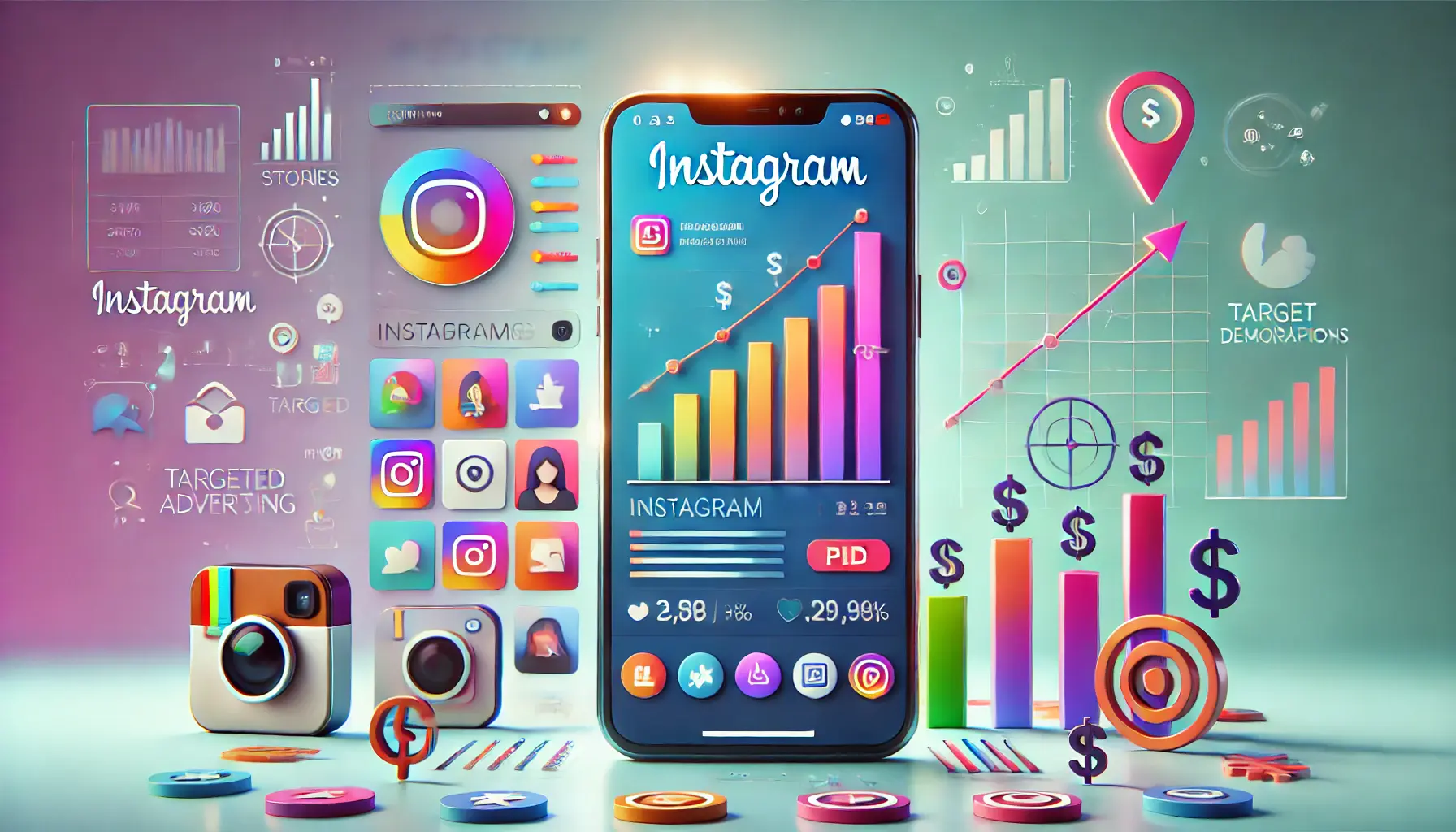 A vibrant illustration of a smartphone displaying Instagram's app interface with Stories, Reels, and posts, surrounded by icons of a rising bar graph, dollar signs, and demographic targets, symbolizing paid advertising.