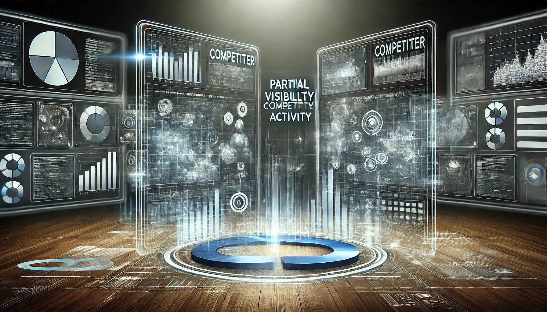 A futuristic dashboard with blurred and clear sections symbolizing partial visibility of competitor activity.