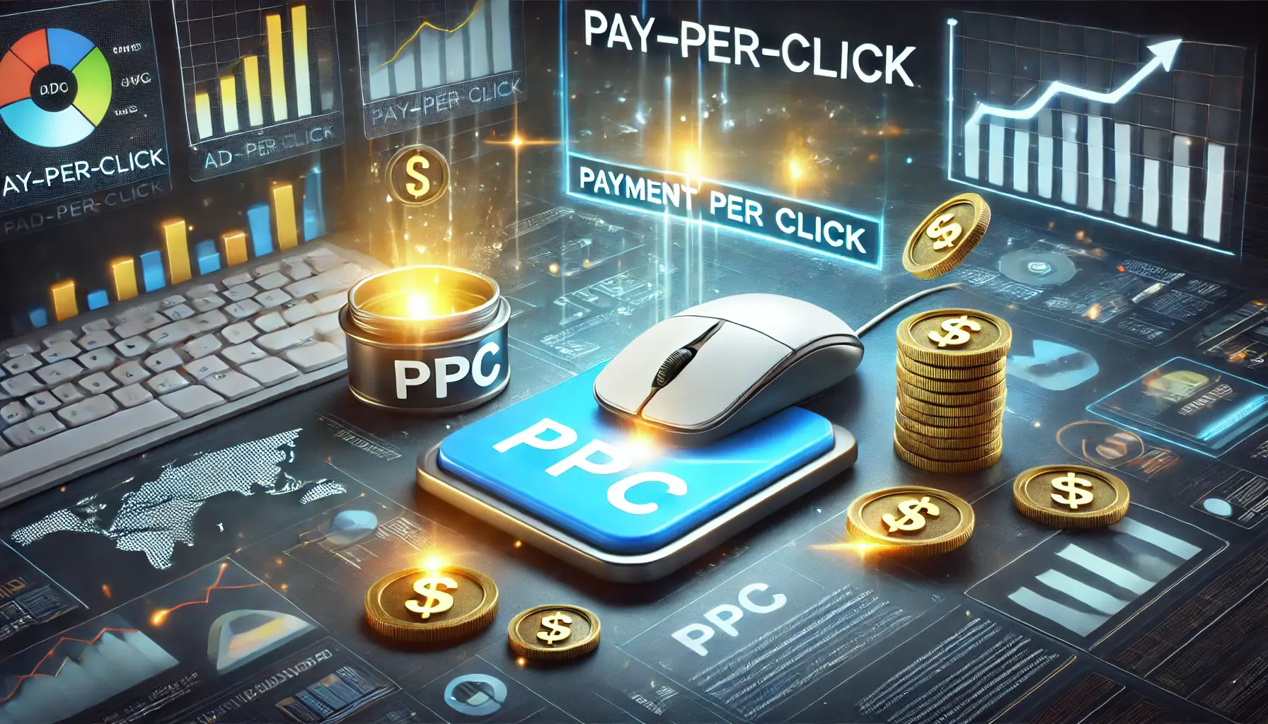 A computer mouse cursor clicking on a glowing ad button with coins dropping into a container below, surrounded by analytics and graphs, illustrating the pay-per-click model.